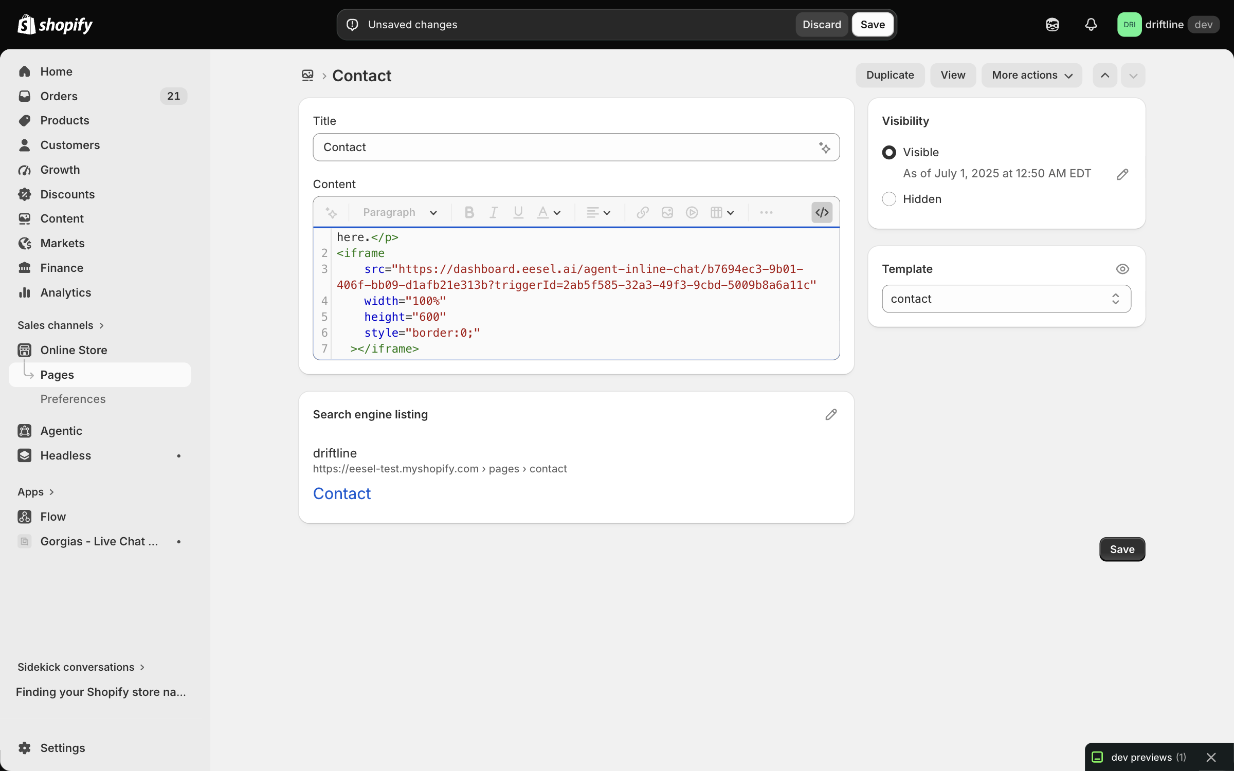 The Shopify admin page editor in HTML mode, with a line of intro text and the eesel iframe pasted below it