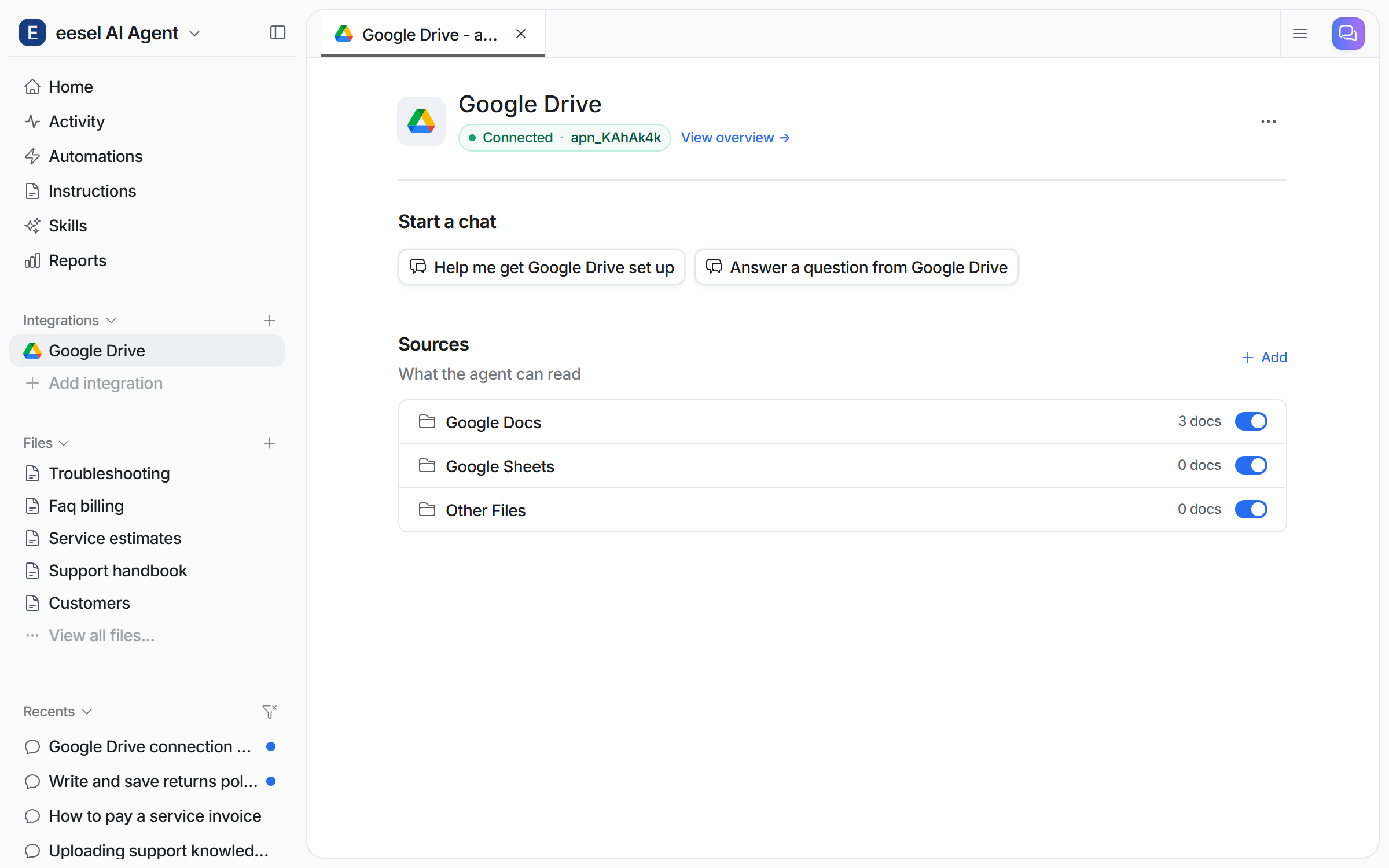 The Google Drive integration page showing a Connected badge, Start a chat buttons, and Sources rows for Google Docs, Google Sheets and Other Files with document counts and toggles
