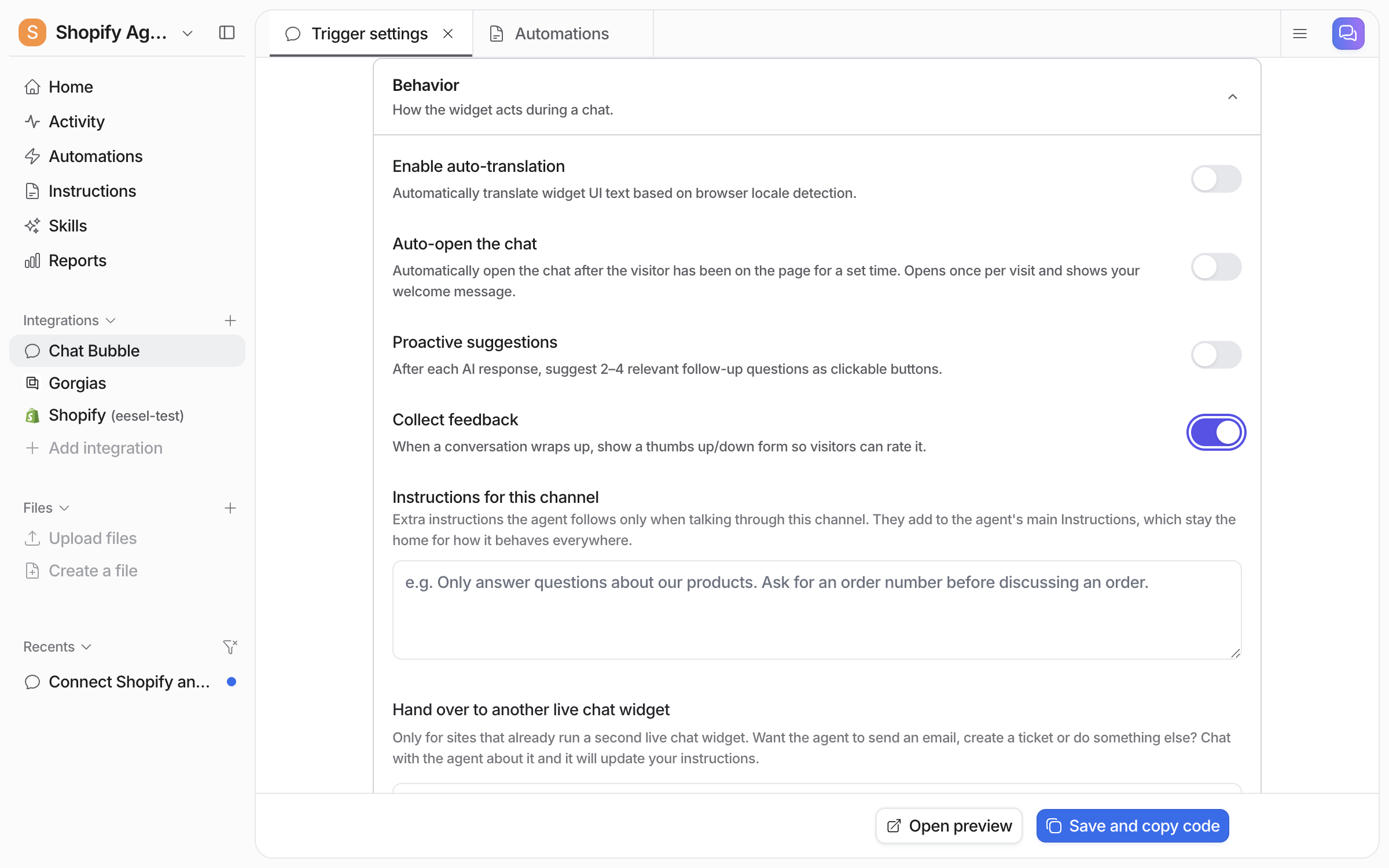 The Behavior section of the settings page with switches for Enable auto-translation, Auto-open the chat and Proactive suggestions turned off, Collect feedback turned on, and the Instructions for this channel text box below them