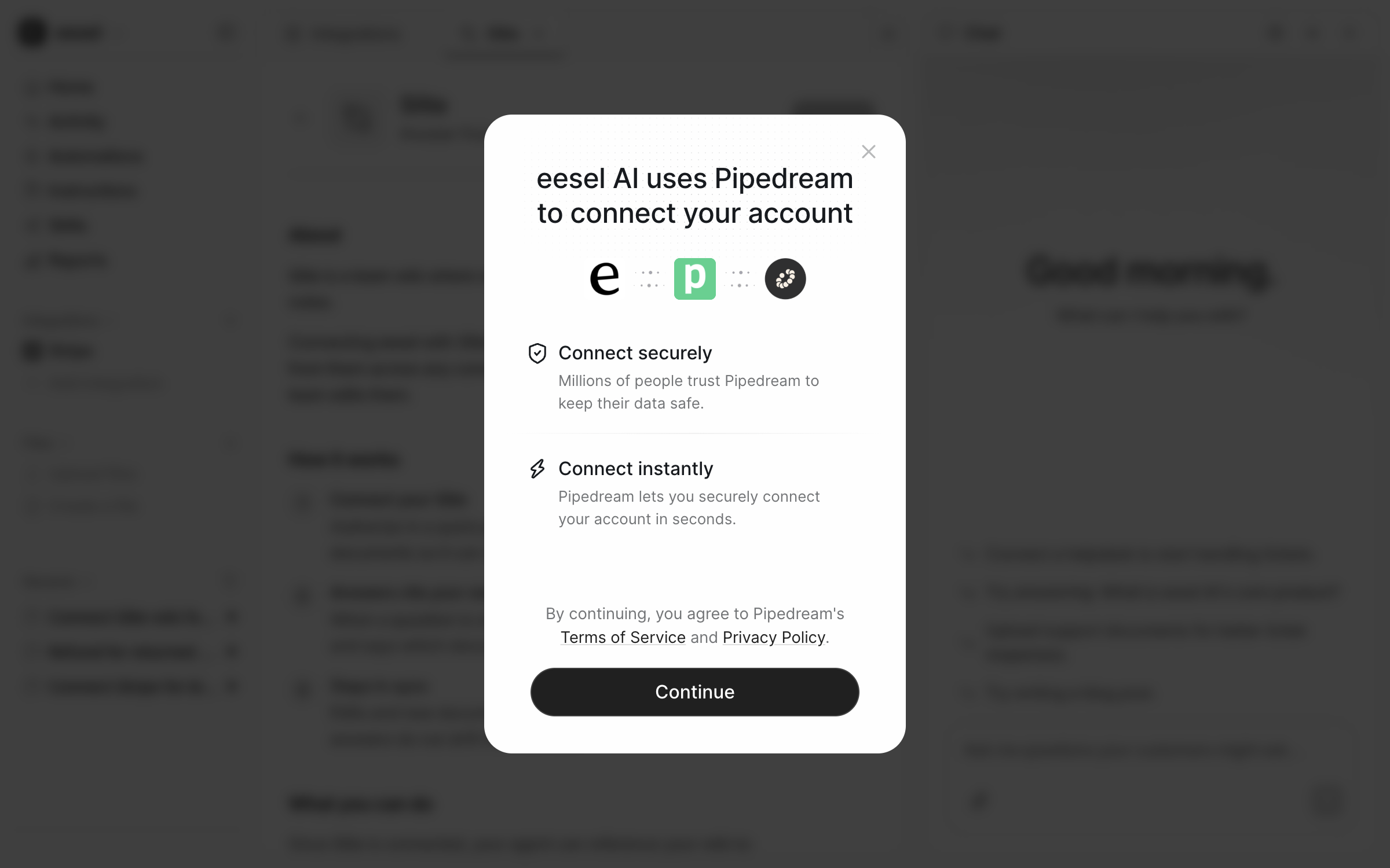 The Pipedream notice saying eesel AI uses Pipedream to connect your account, with a Continue button