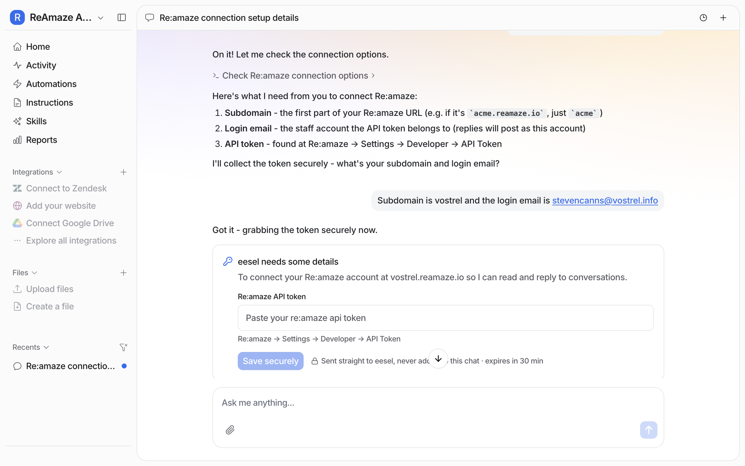 A dashboard chat where the user asks the agent to connect Re:amaze, and the agent lists the subdomain, staff login email and API token it needs