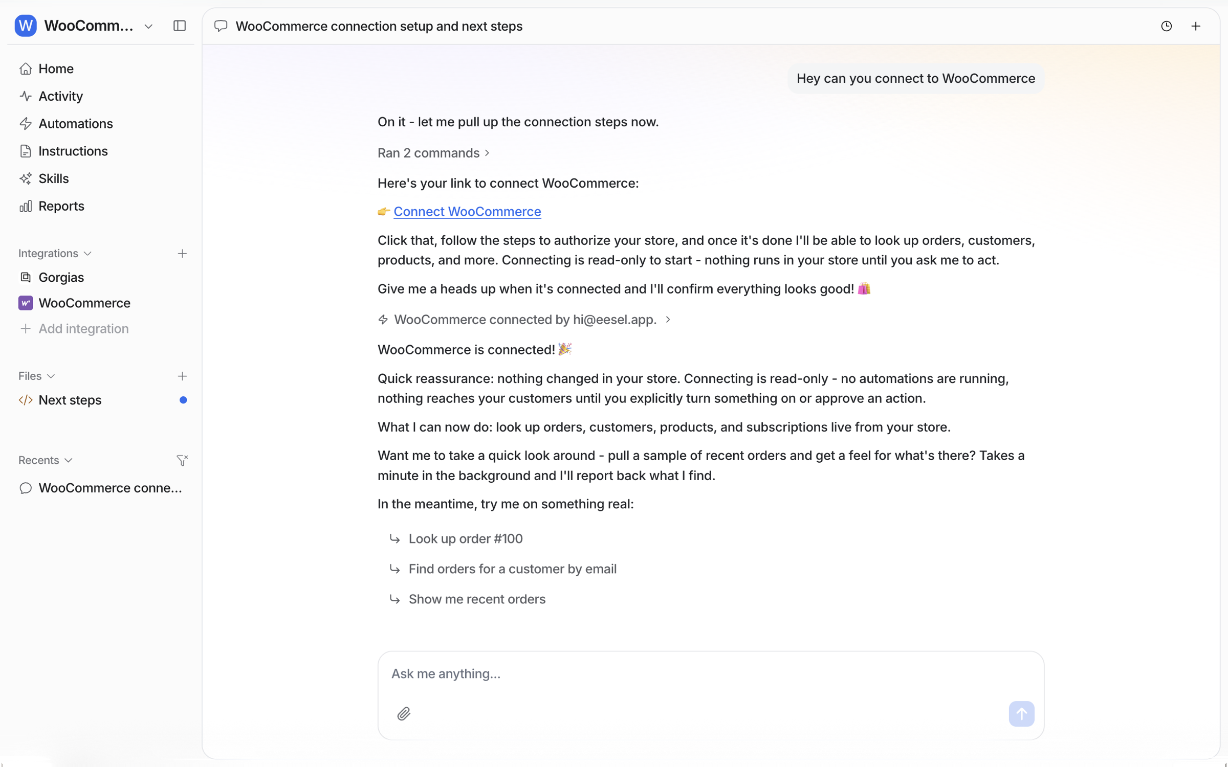 The dashboard chat confirming WooCommerce is connected, noting that nothing changed in the store, and suggesting order lookups to try