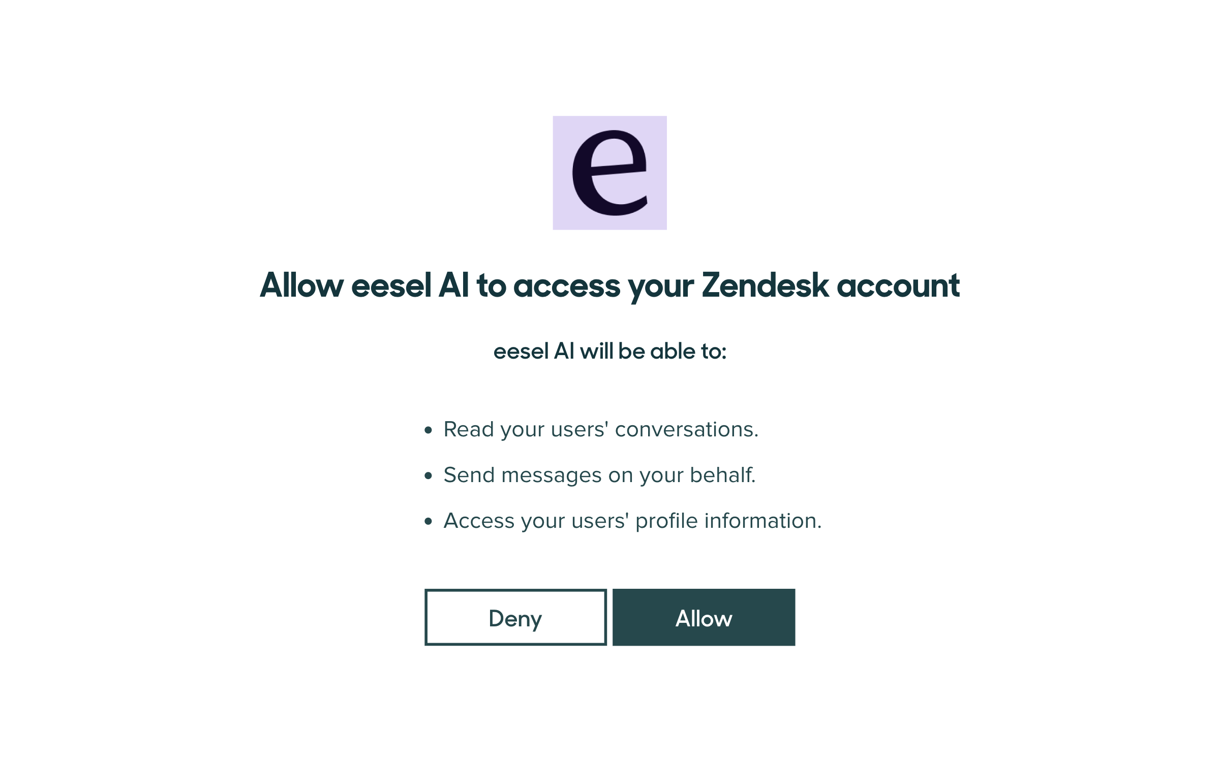 The Zendesk authorization screen asking to allow eesel AI, listing the three permissions it needs