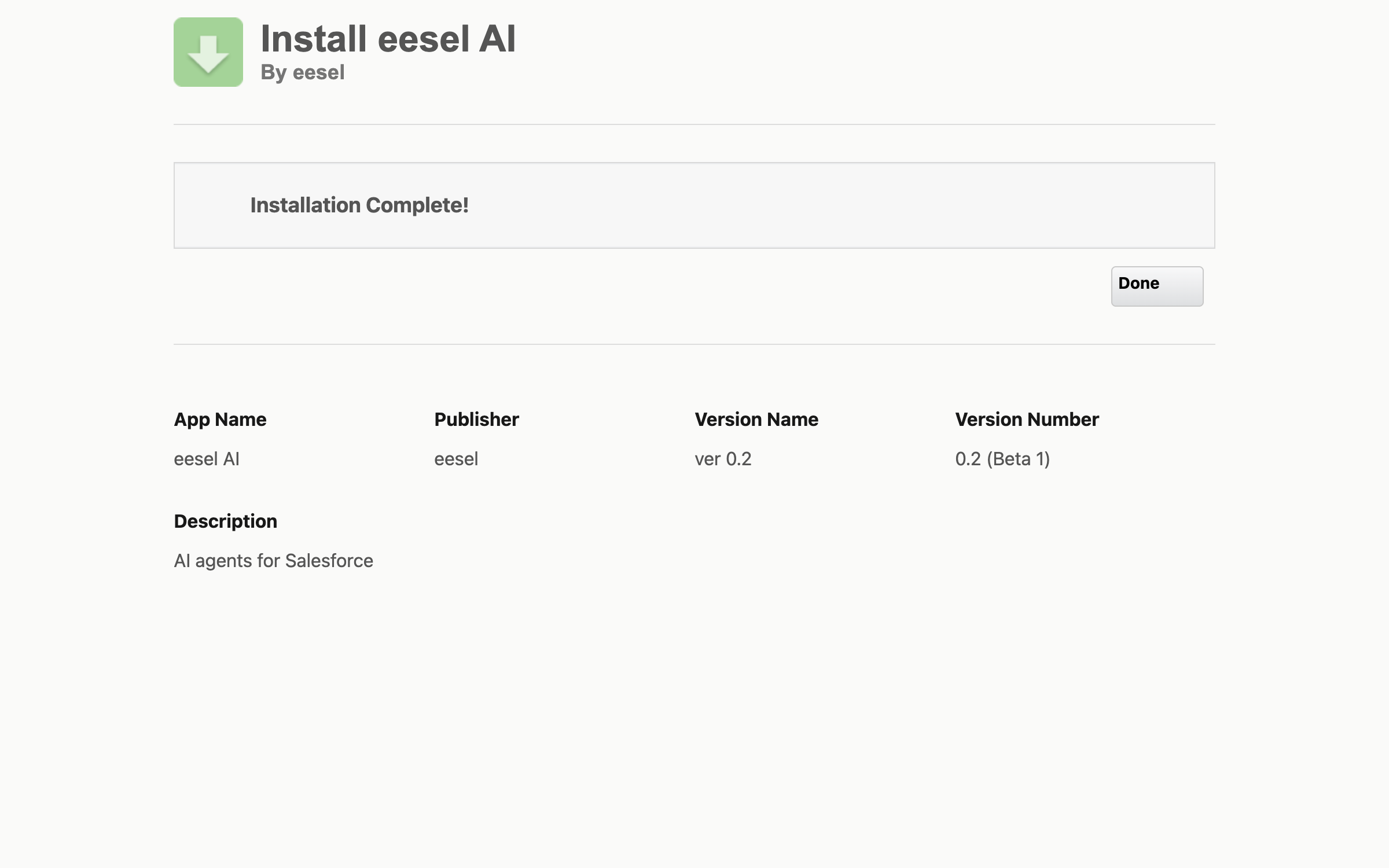 The Salesforce install page showing Installation Complete for the eesel AI package, version 0.2, with a Done button
