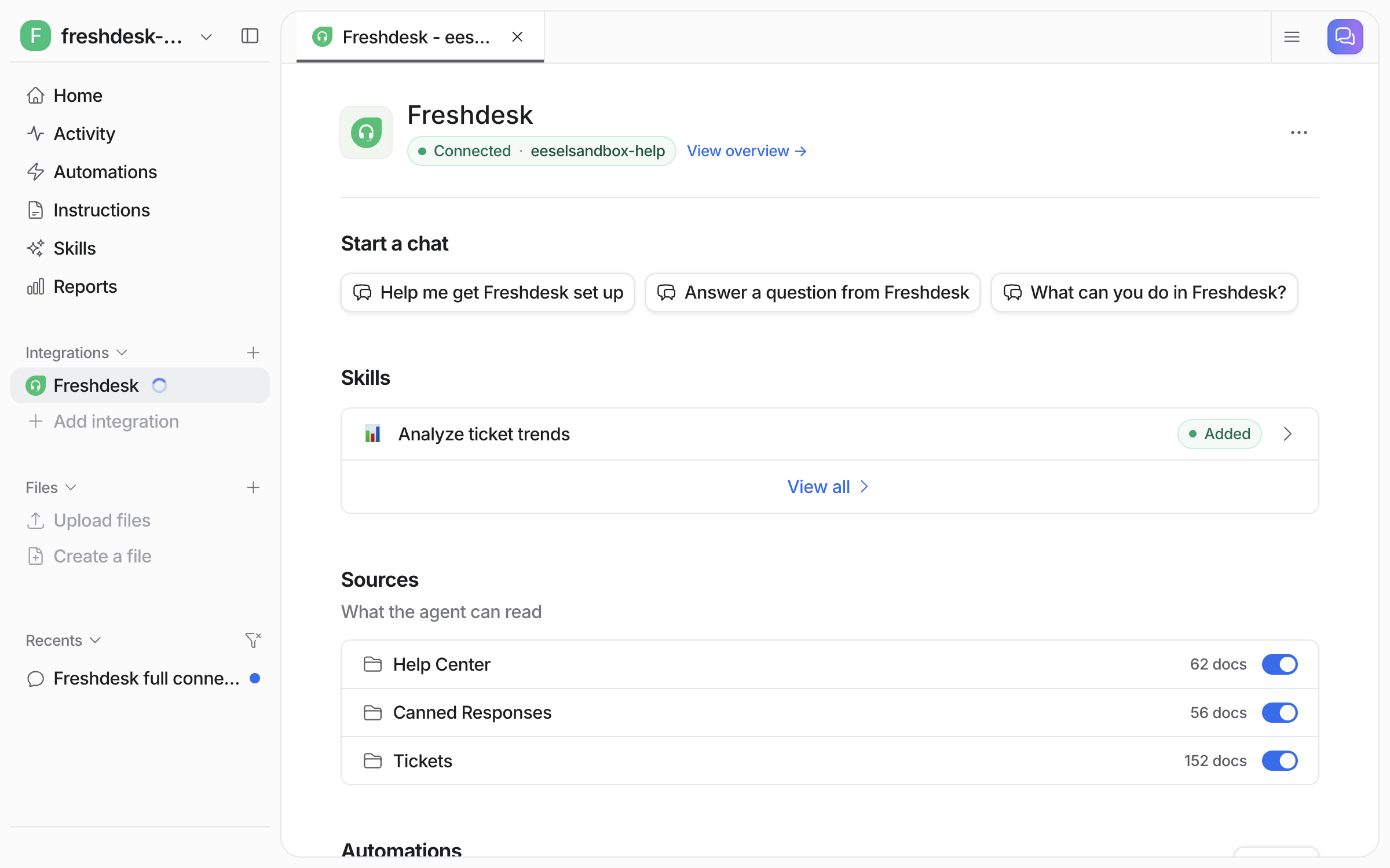 The connected Freshdesk integration page in eesel, listing Help Center, Canned Responses and Tickets as sources with document counts and toggles