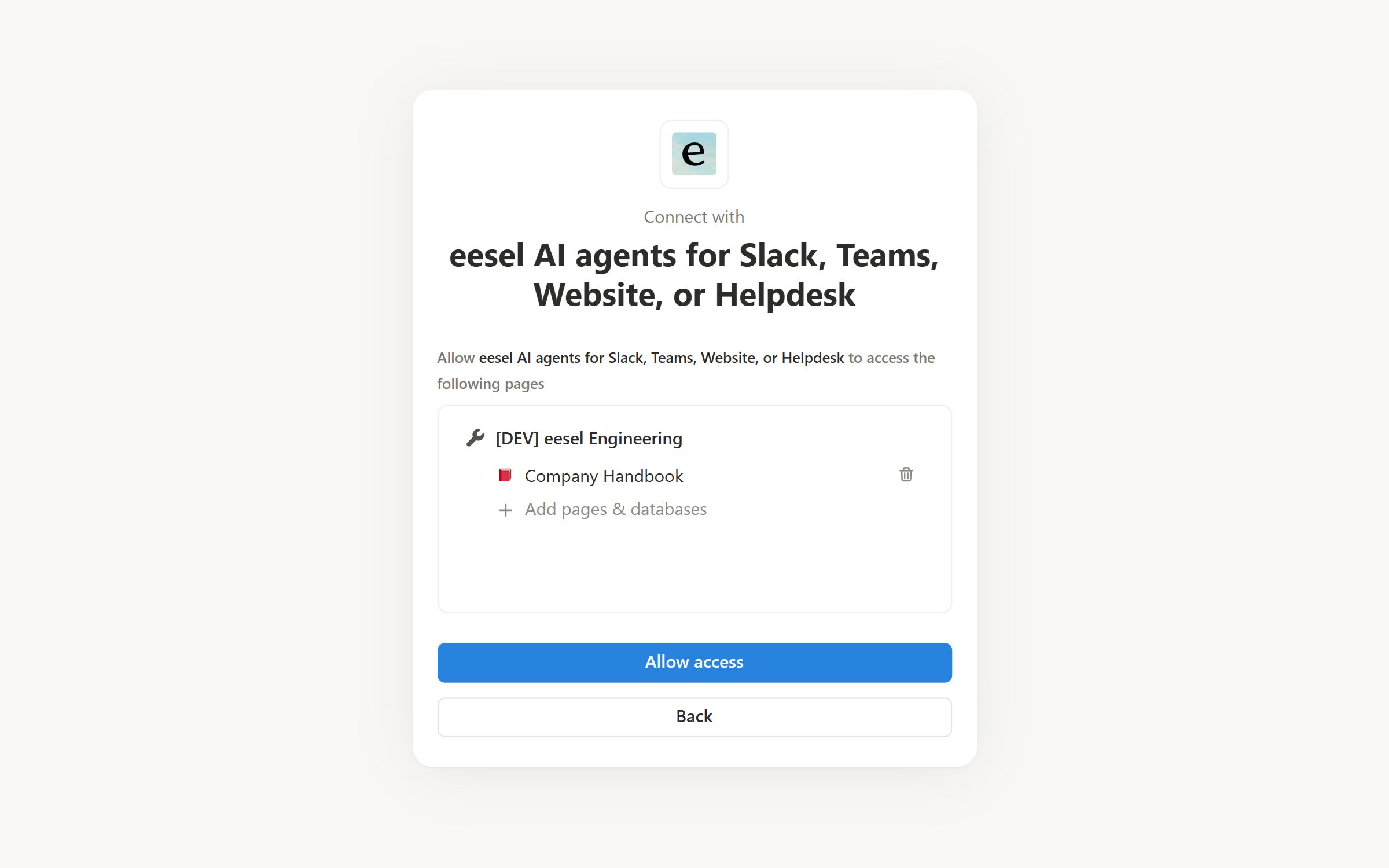 Notion's page picker listing the chosen workspace with one selected page under it, an Add pages and databases link, and an Allow access button