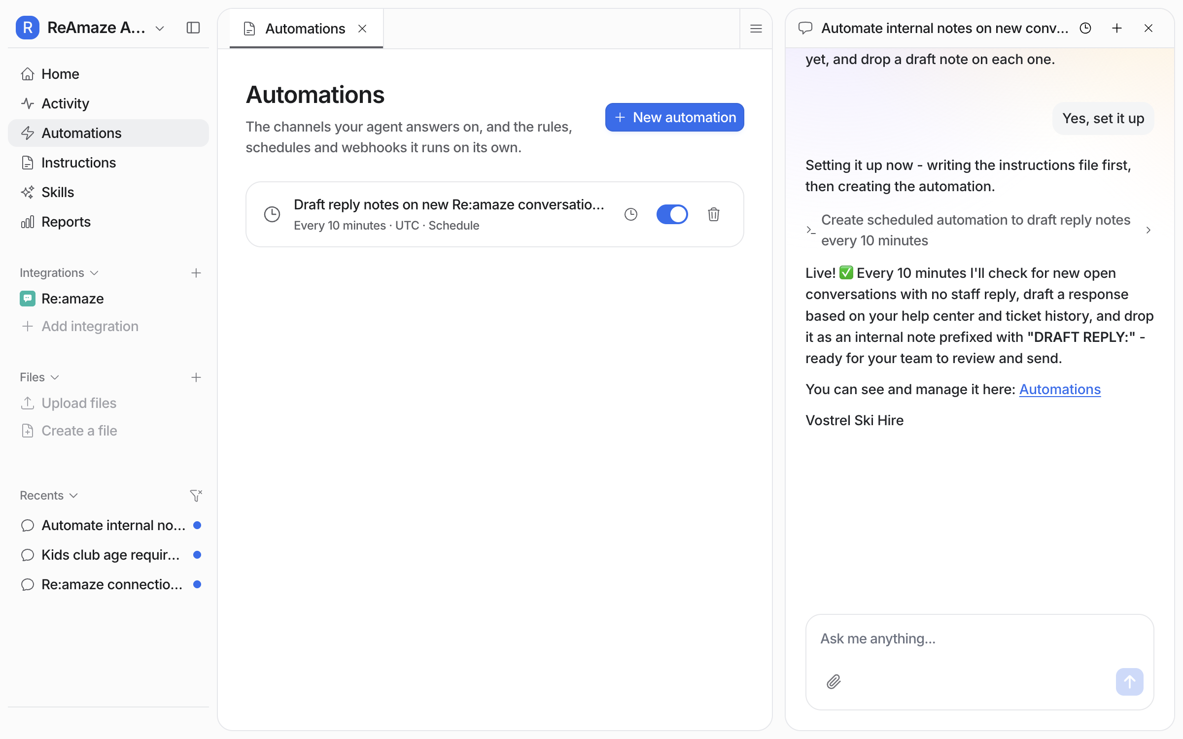 The Automations page in eesel with the new Re:amaze schedule listed, running every ten minutes in UTC and switched on
