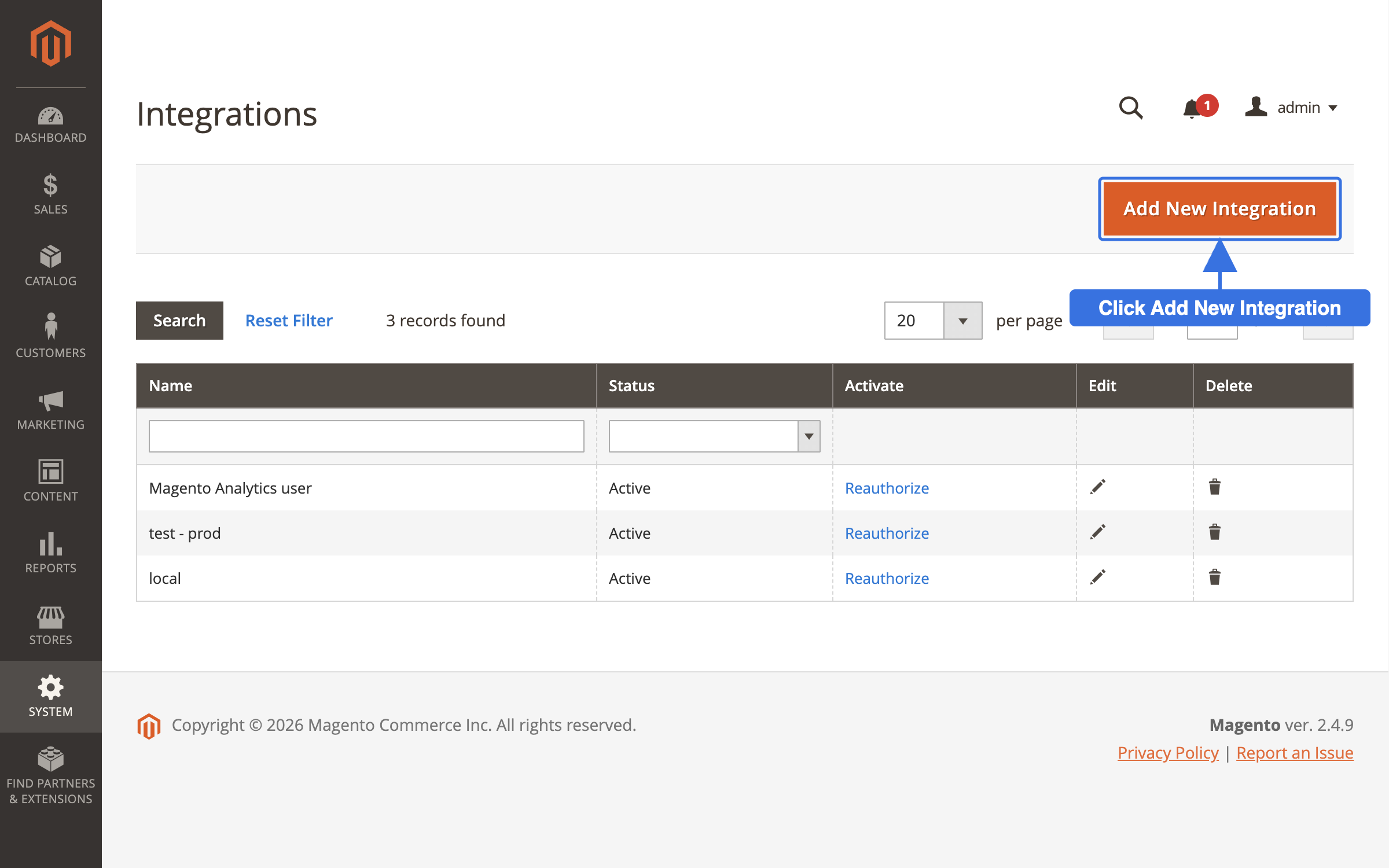 The Magento Admin Integrations list with a callout on the Add New Integration button