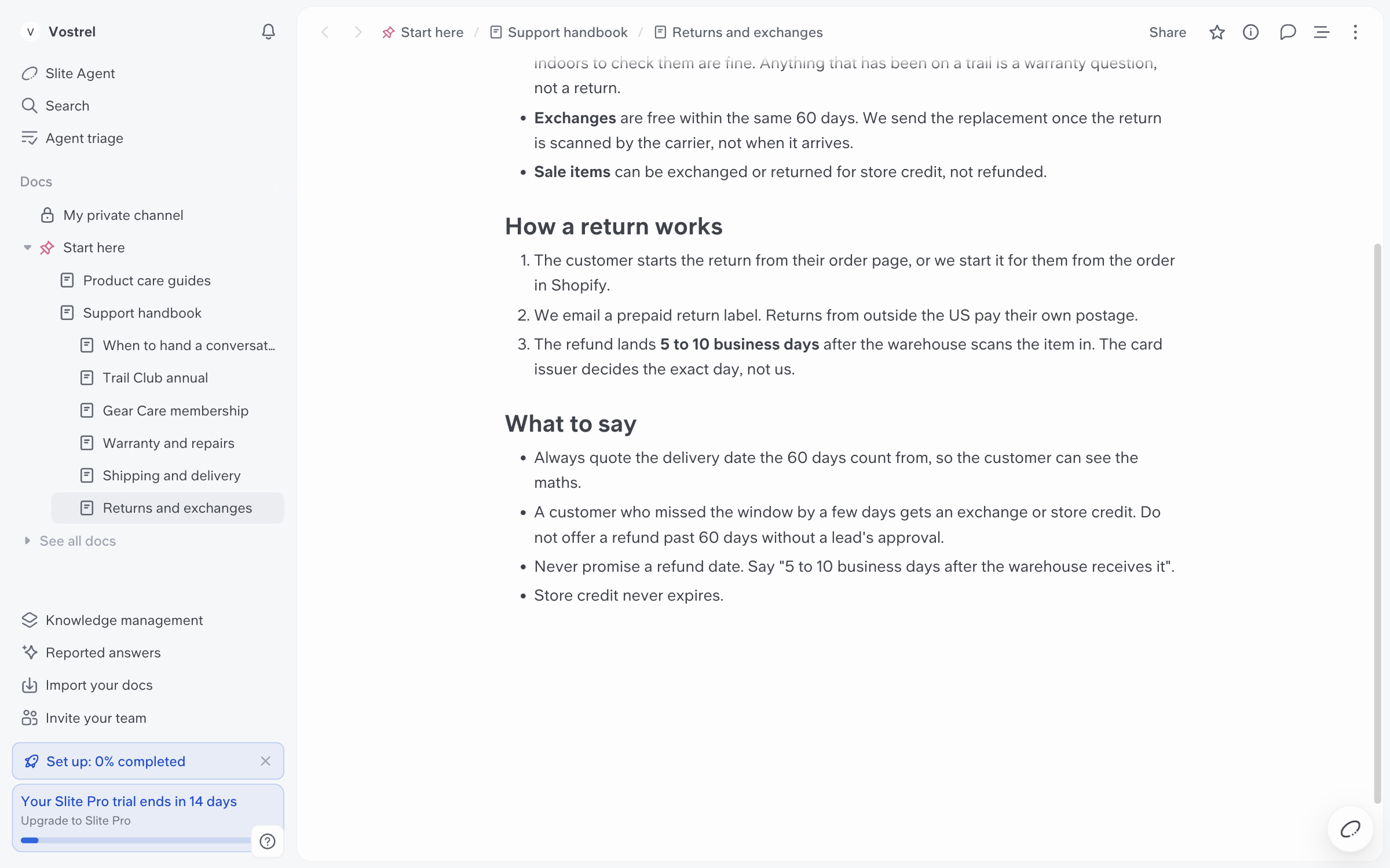 The Returns and exchanges page in Slite with the new bullet Store credit never expires at the end of What to say