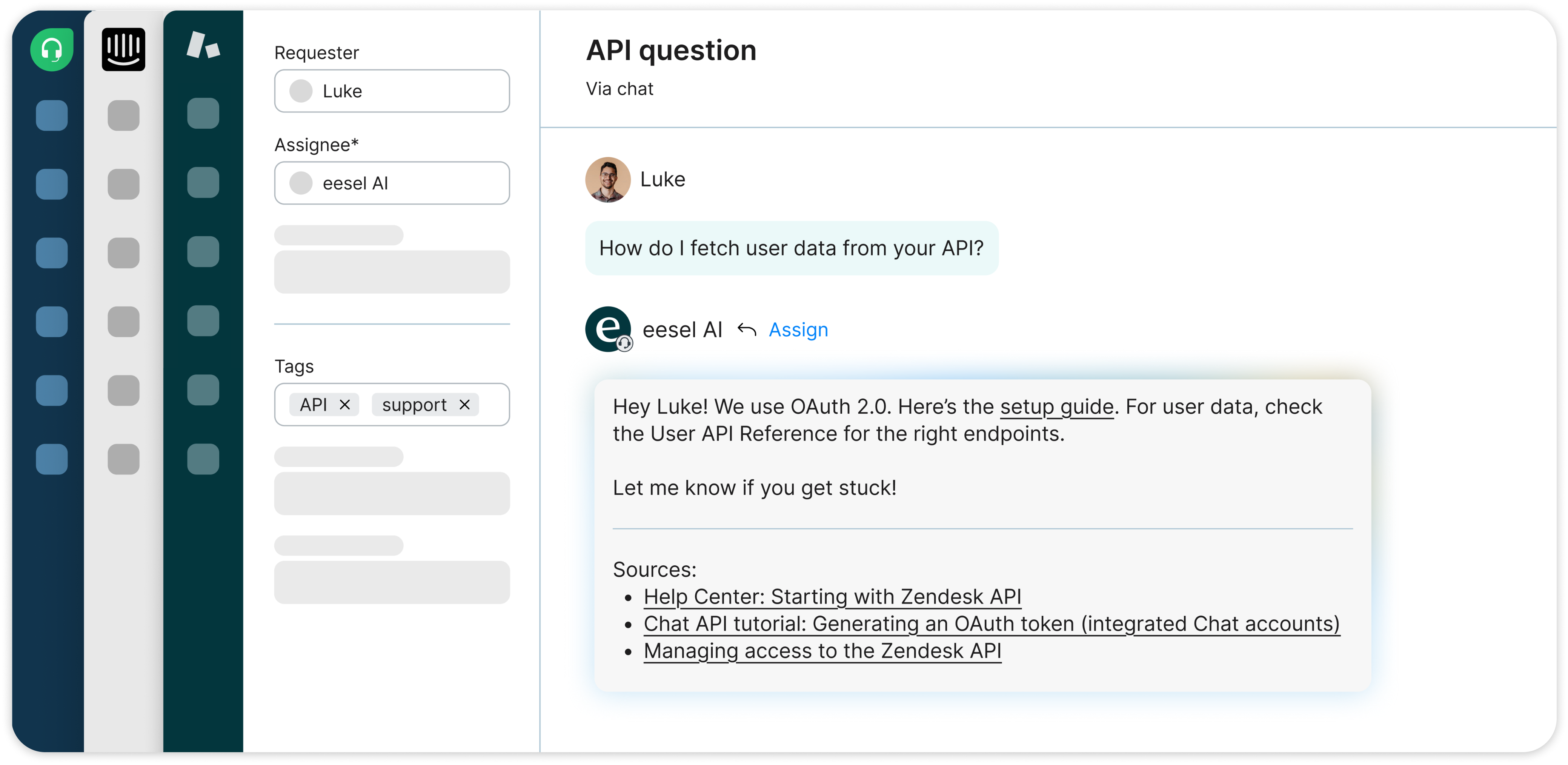 A support ticket assigned to eesel AI with a drafted reply and the help center articles it used, shown across Freshdesk, Intercom and Zendesk