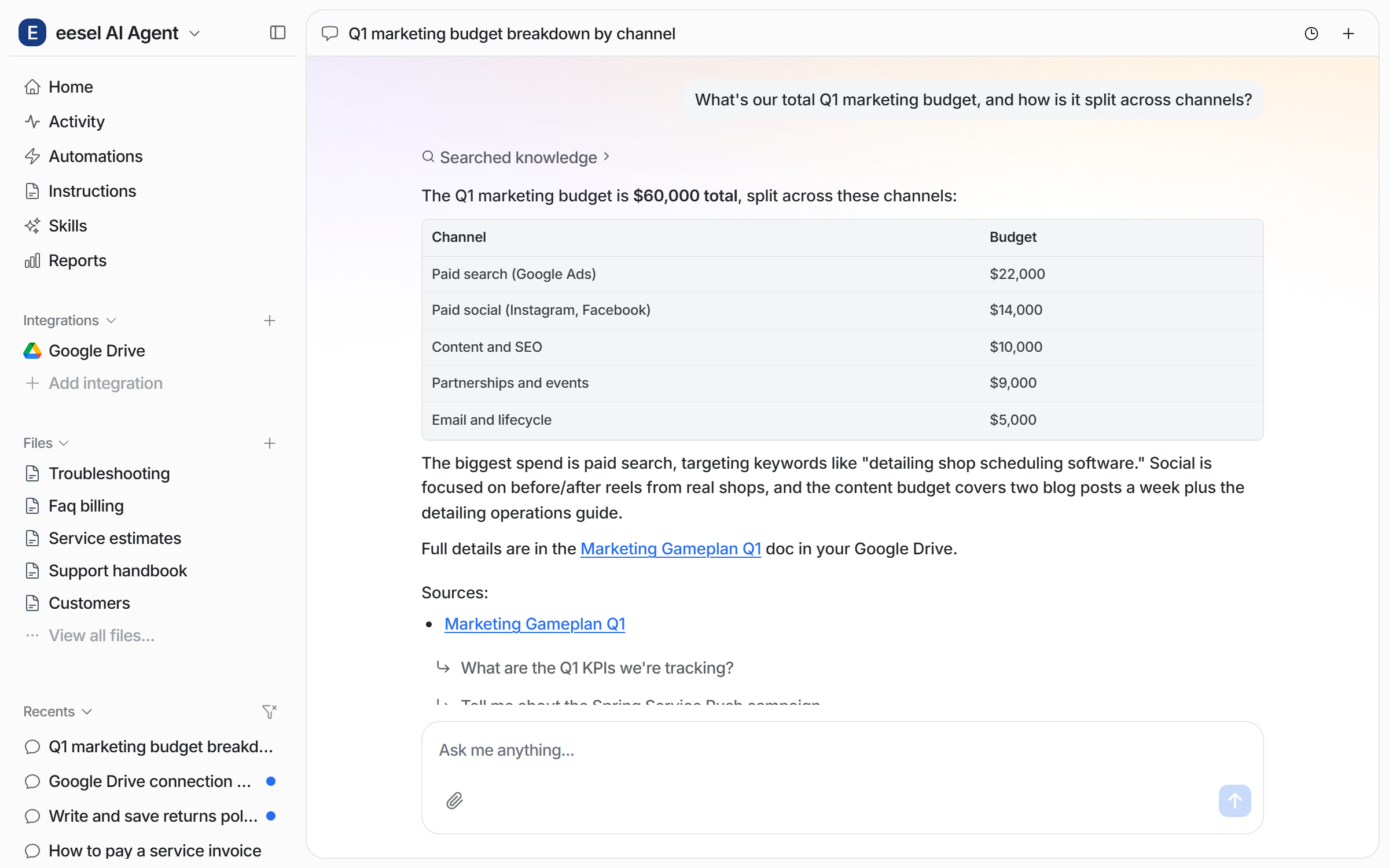 The dashboard chat answering a question from a Drive document, with a table in the answer, a link to the document and a Sources list