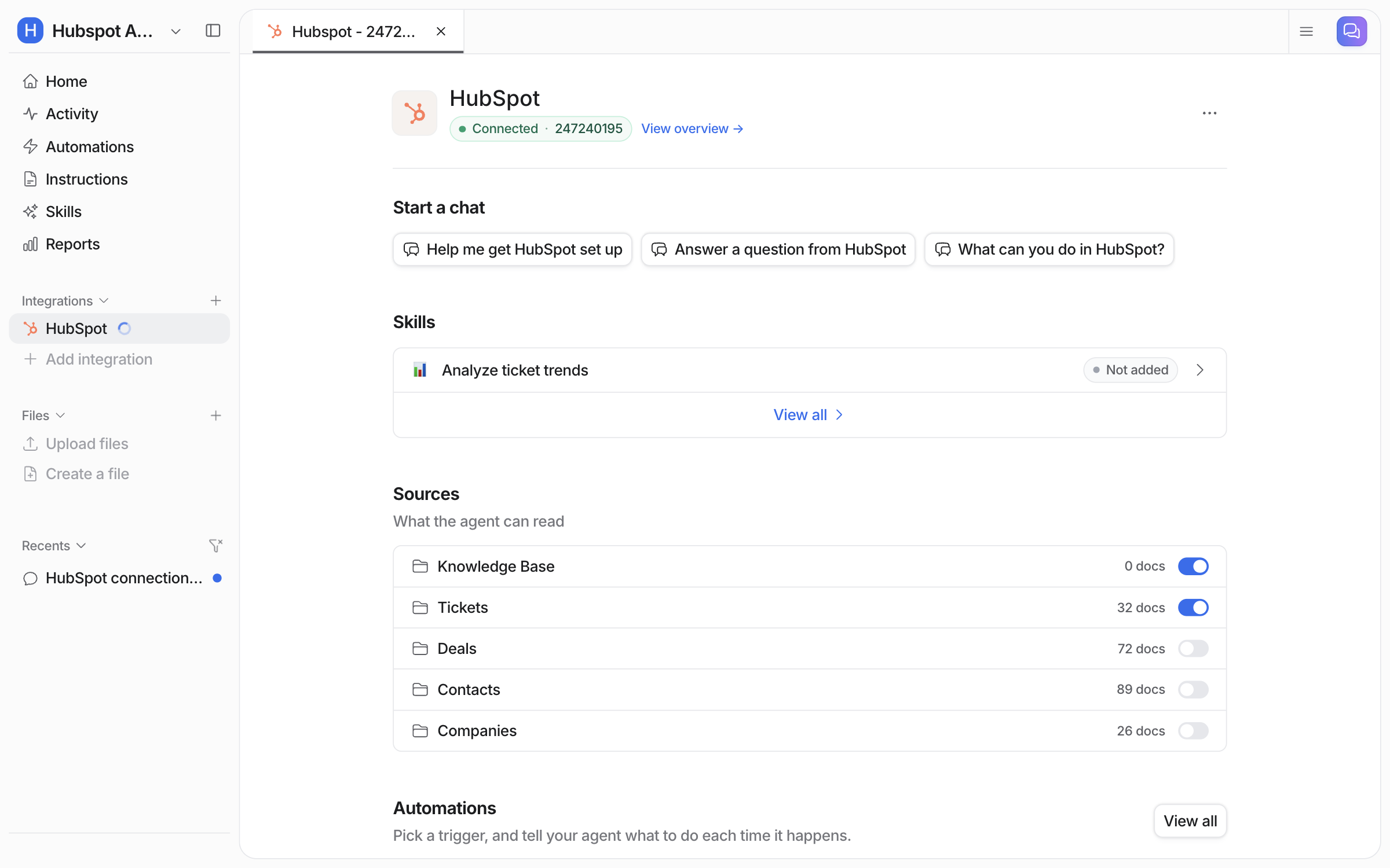The connected HubSpot integration page in eesel, listing Knowledge Base, Tickets, Deals, Contacts and Companies as sources with document counts and toggles