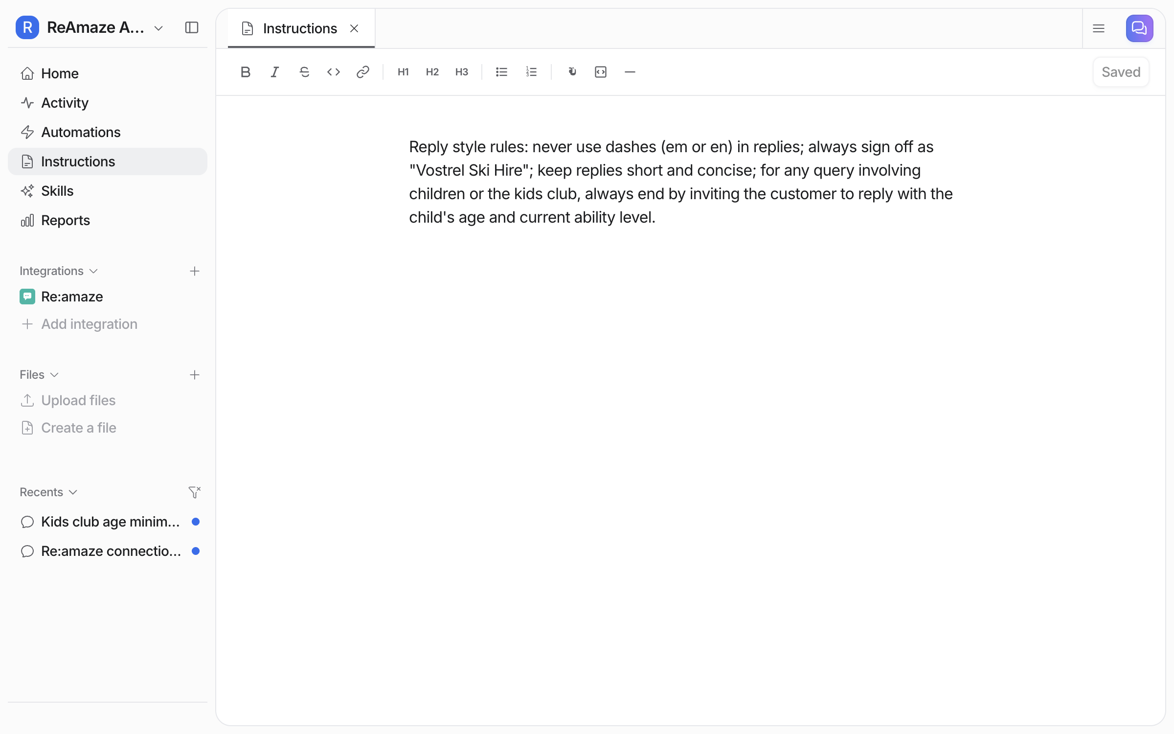 The Instructions page in eesel holding the saved reply style rules