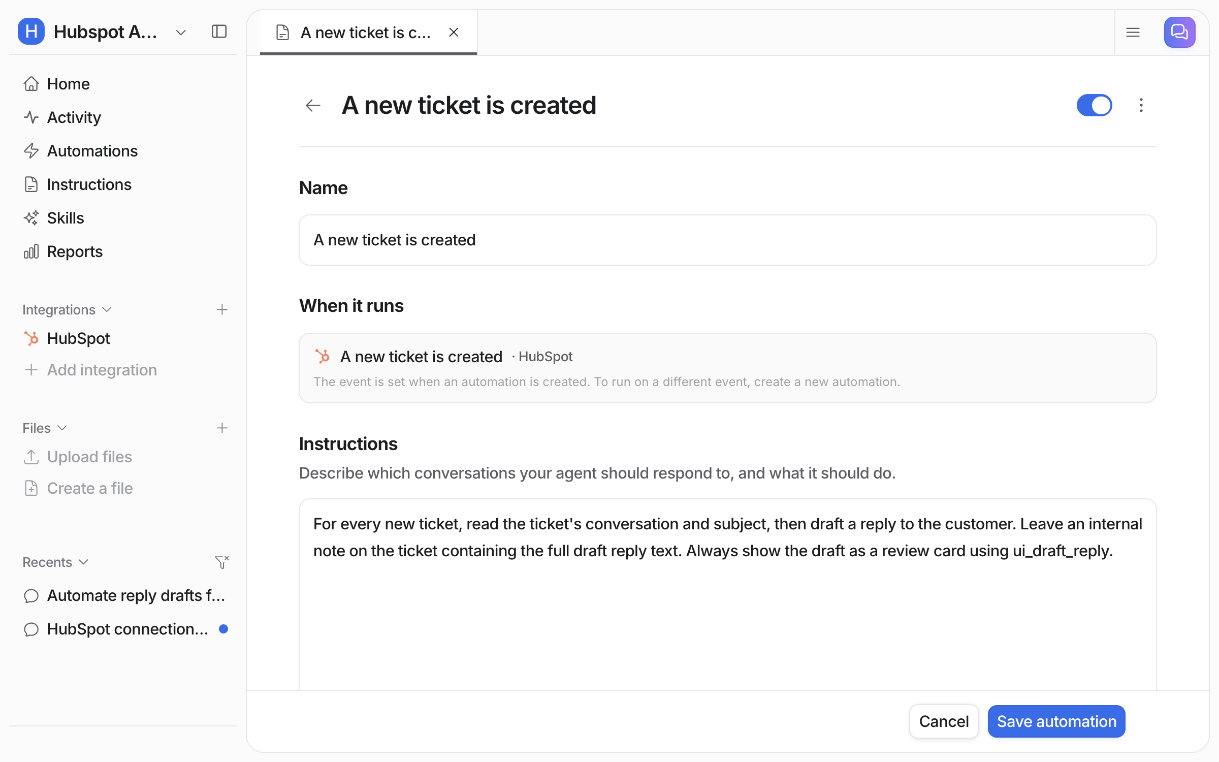 The automation editor showing its name, the HubSpot event it runs on, and the instructions telling the agent to draft a reply as an internal comment