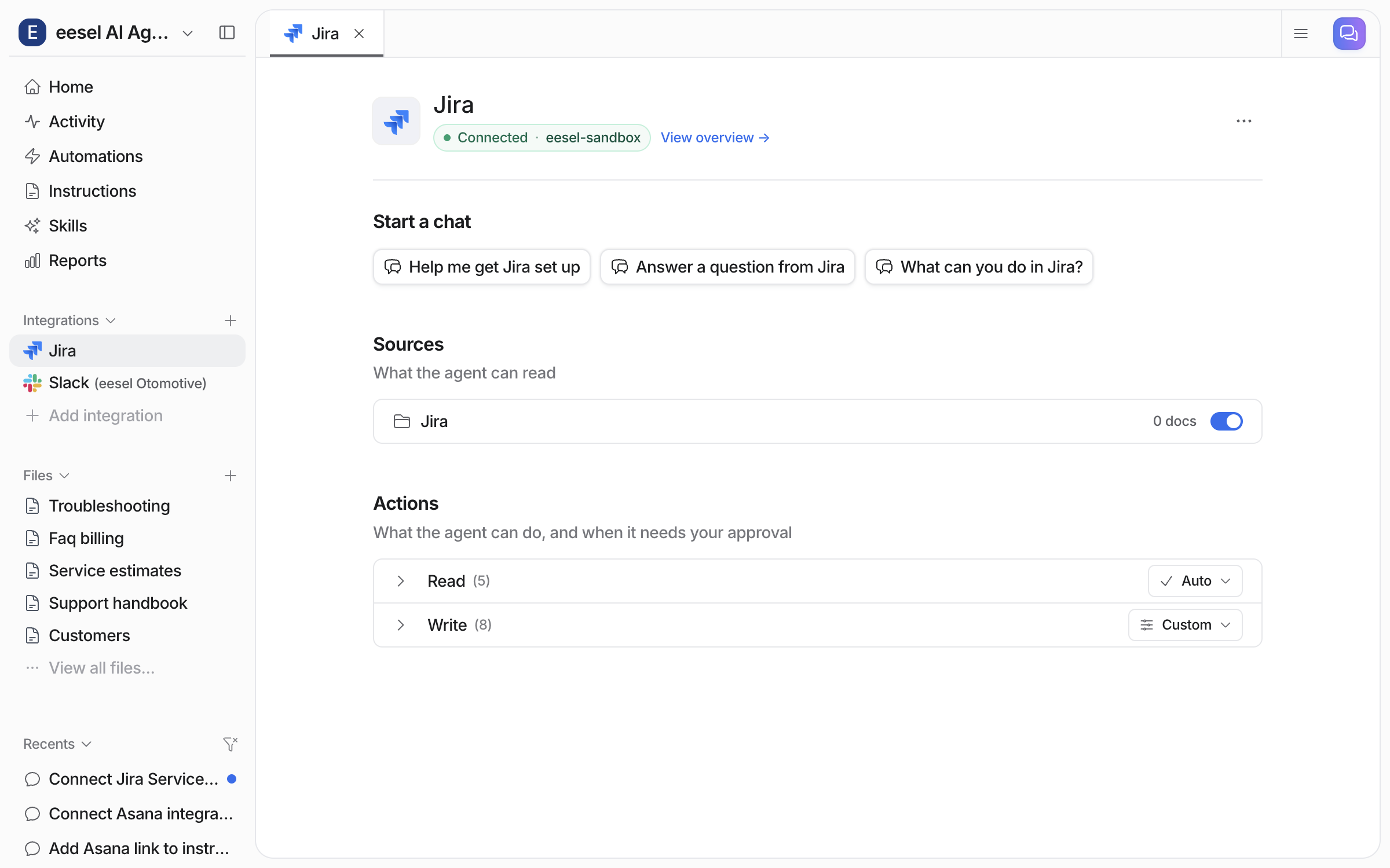 The Jira integration page in eesel showing Connected with the Atlassian site name, a Jira source row with its document count and toggle, and the Read and Write action groups