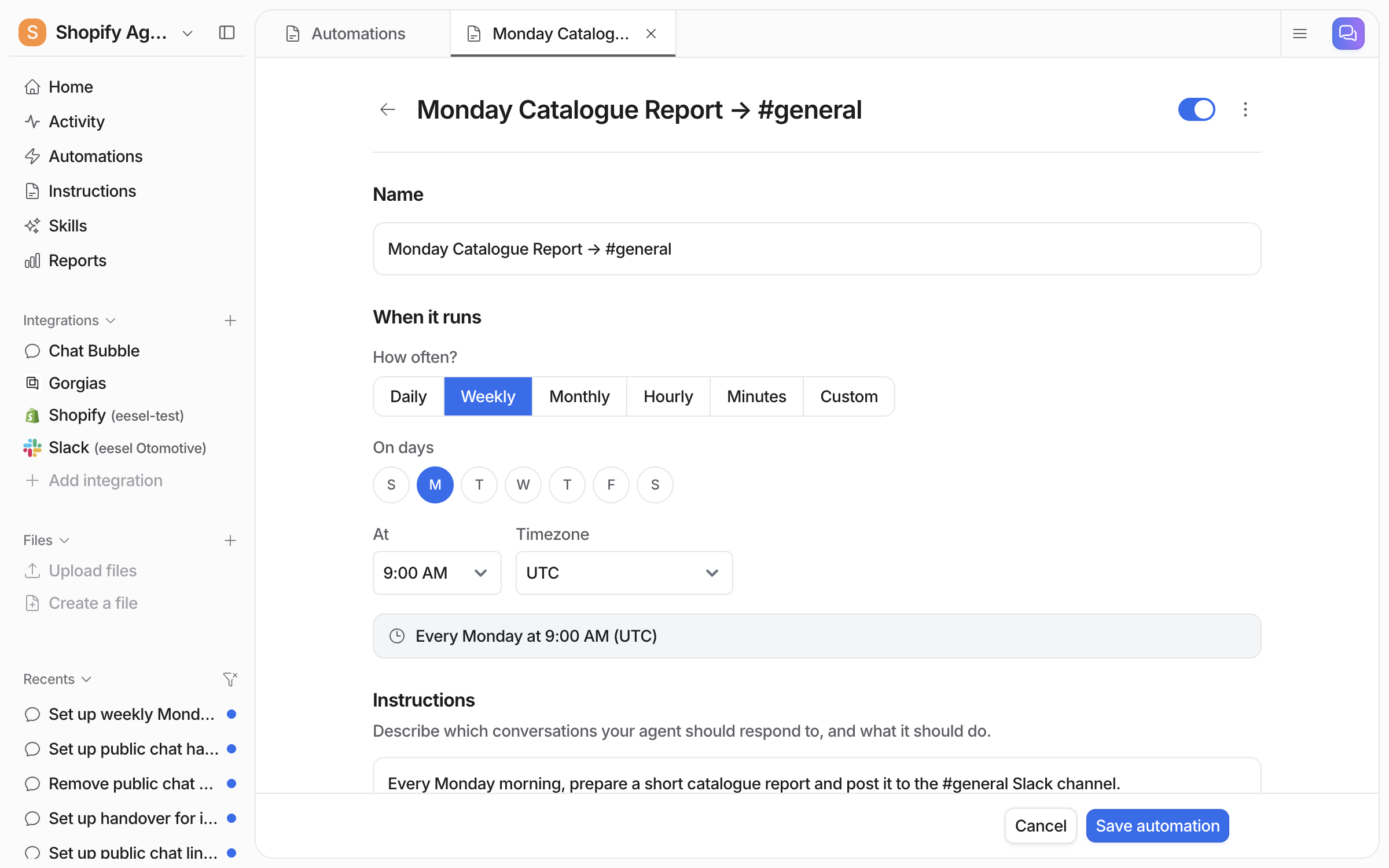The schedule editor with How often set to Weekly, Monday selected, 9:00 AM and UTC chosen, and a line reading Every Monday at 9:00 AM (UTC)