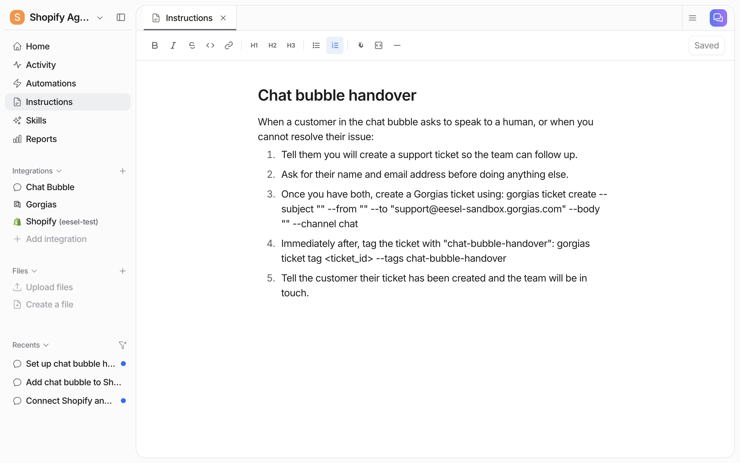 The Instructions page in the eesel dashboard showing a saved Chat bubble handover section with five numbered rules covering telling the customer, asking for name and email, creating the ticket, tagging it and confirming