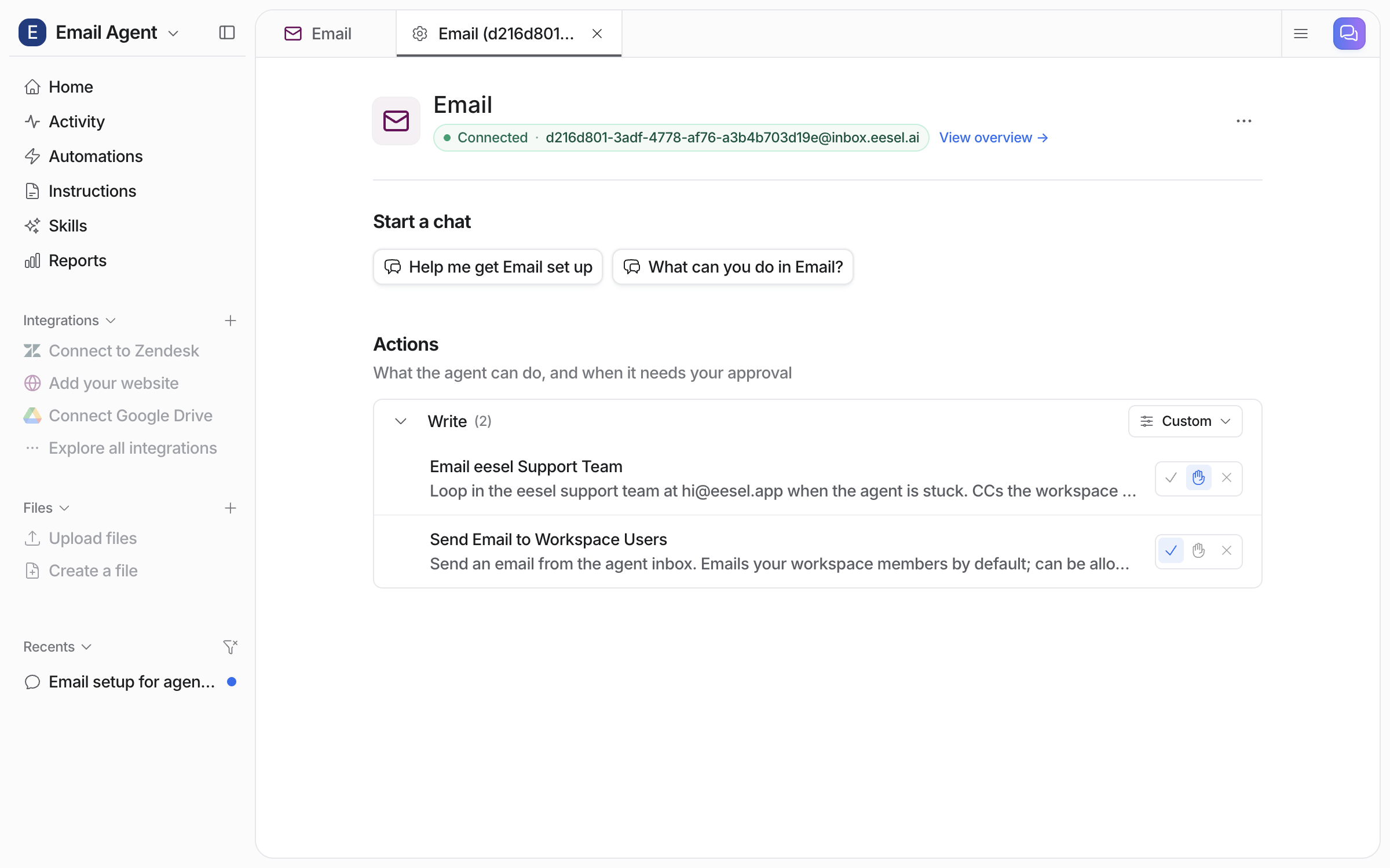 The settings page for the agent's email address, marked Connected, with the Write group of actions and a Custom setting