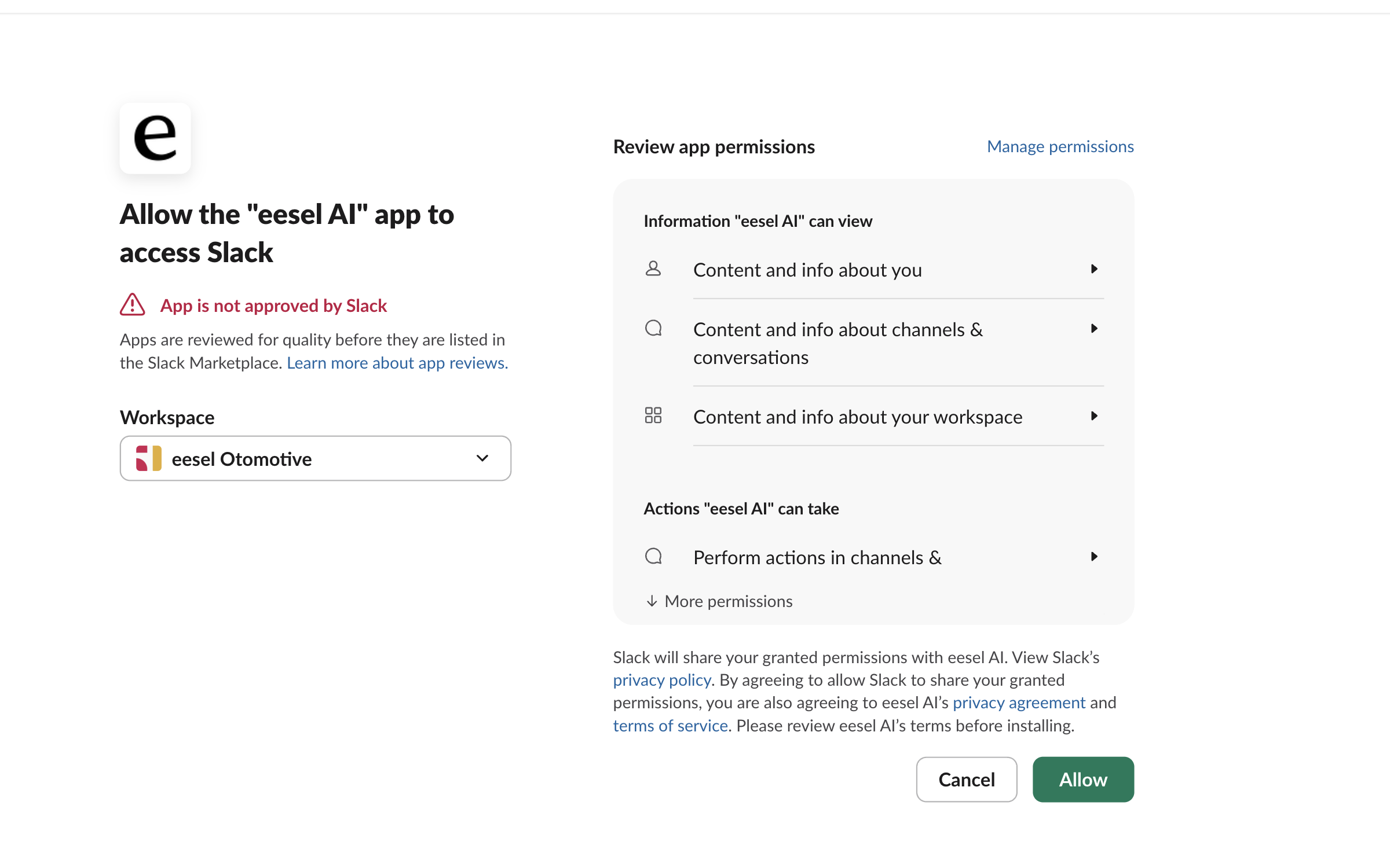 Slack's permission screen asking to allow the eesel AI app to access Slack, with a not-approved-by-Slack notice, a workspace picker, the permission list and an Allow button