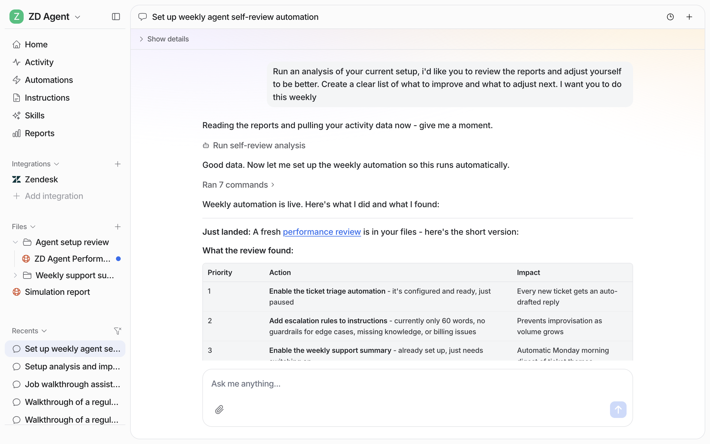 The dashboard chat where the user asks the agent to review its setup and results and repeat it weekly, and the agent runs the analysis and sets up the weekly automation