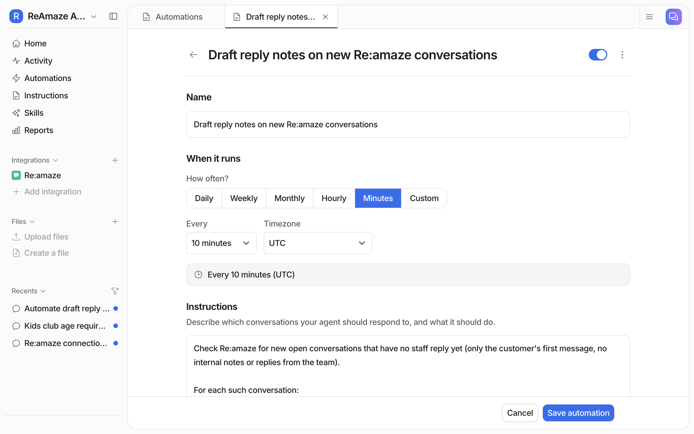 The schedule editor with Minutes selected, Every 10 minutes and UTC chosen, above the instructions telling the agent what to do with each conversation it finds