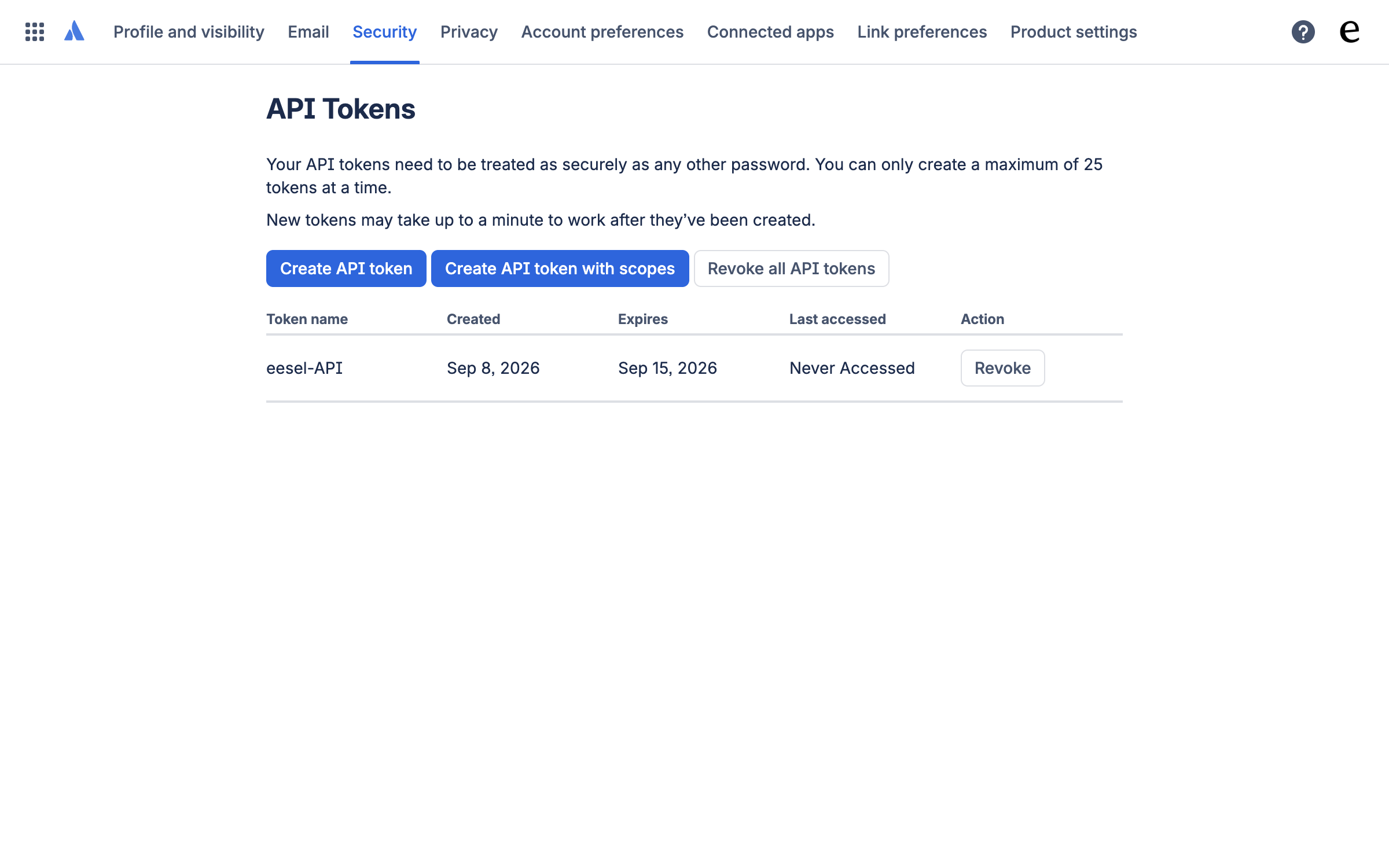 The API tokens page in Atlassian account settings under Security, with a Create API token button and one existing token listed with its created and expiry dates