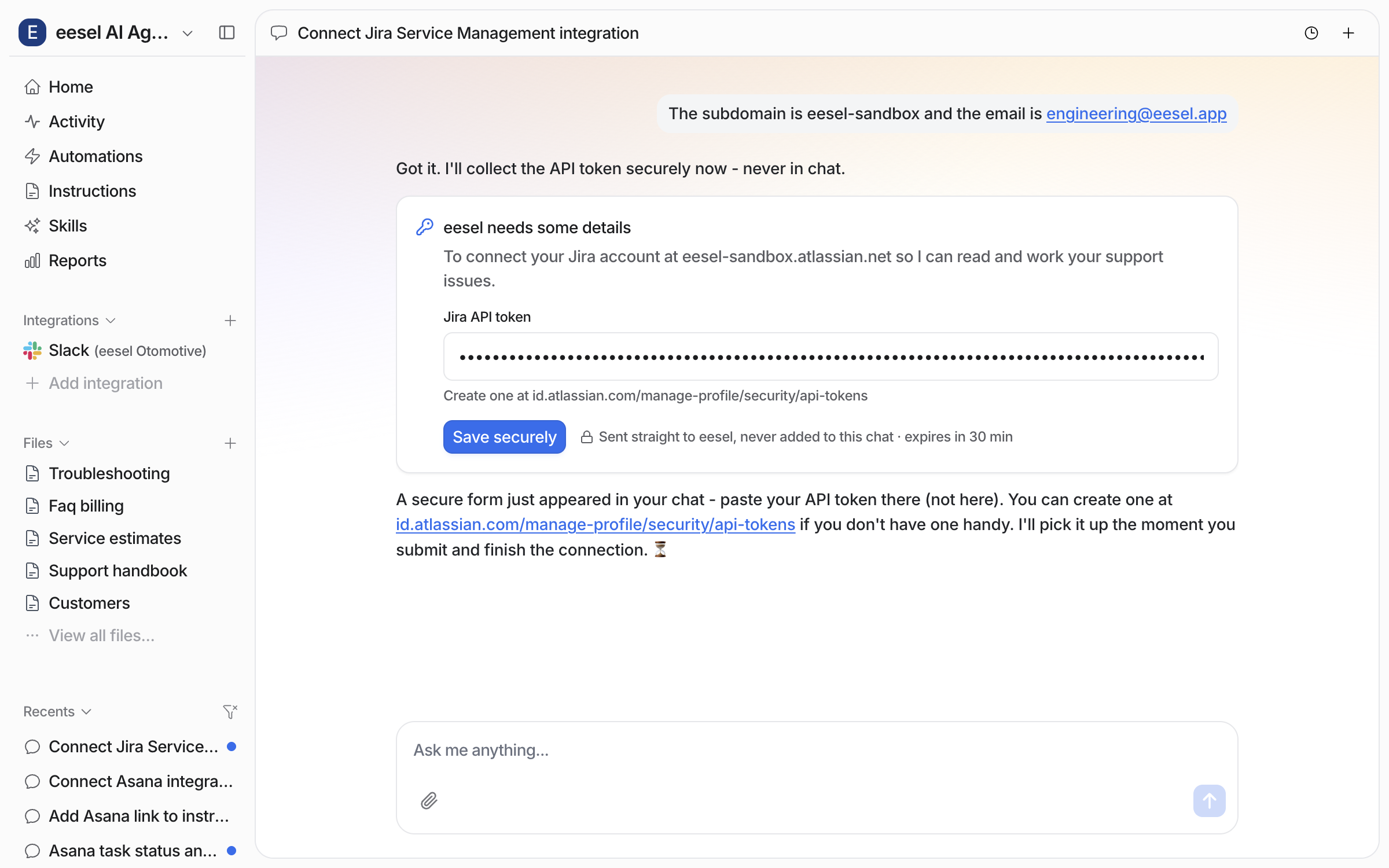 The same secure form with the Jira API token pasted in and shown as masked dots, ready to save