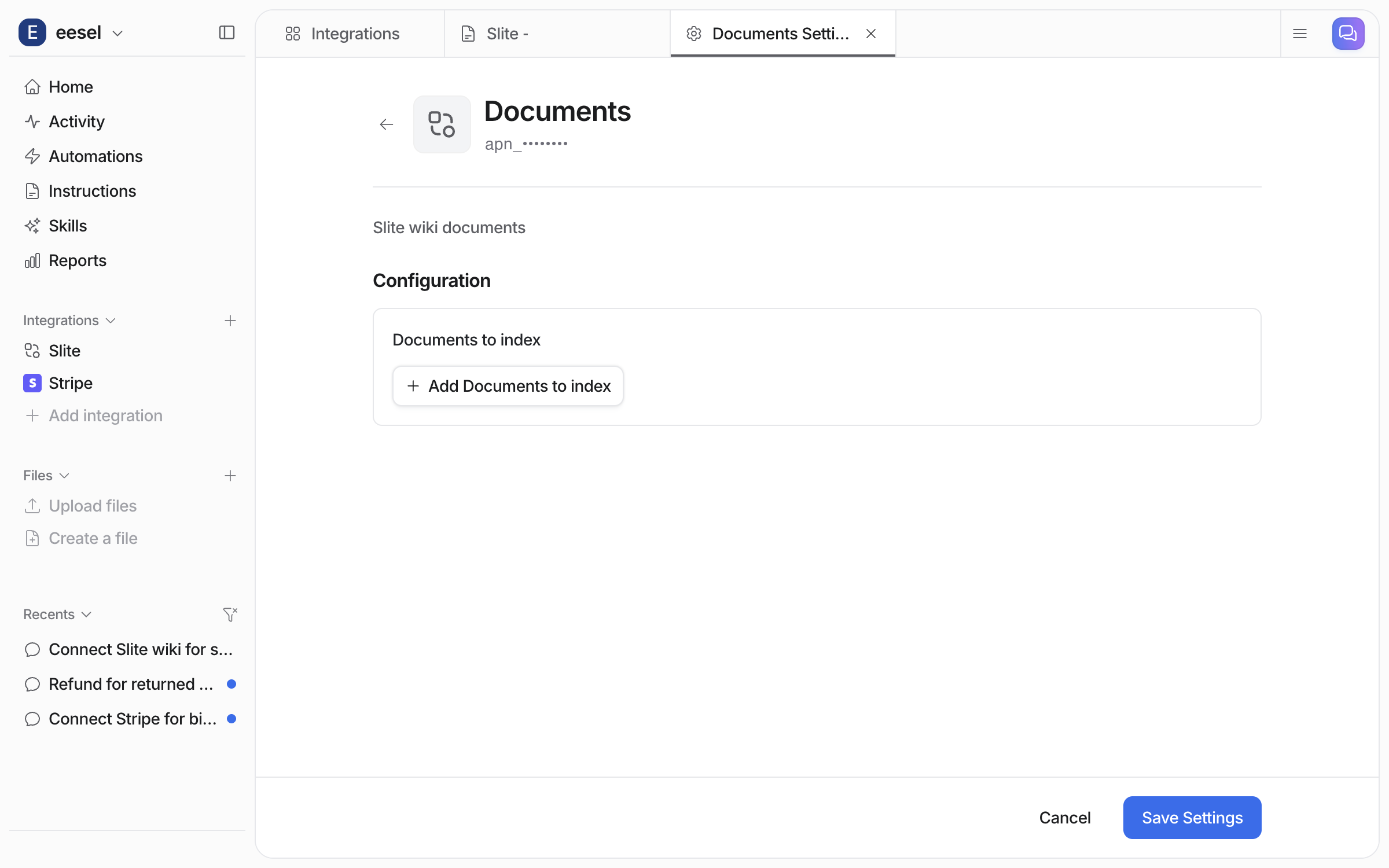 The Documents Settings tab with a Documents to index field and an Add Documents to index button
