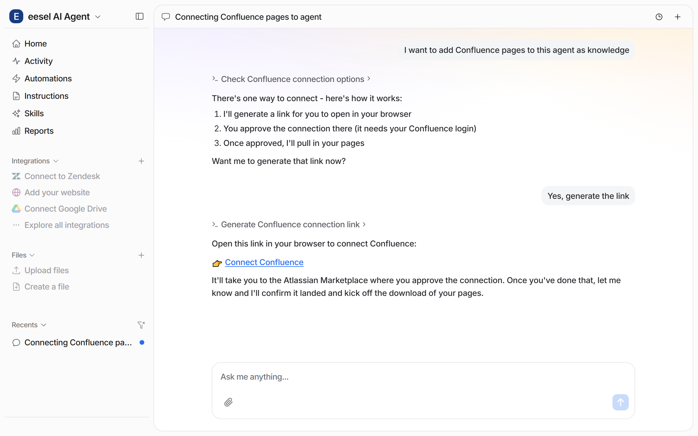 The dashboard chat where the user asks to add Confluence pages as knowledge and the agent posts a Connect Confluence link