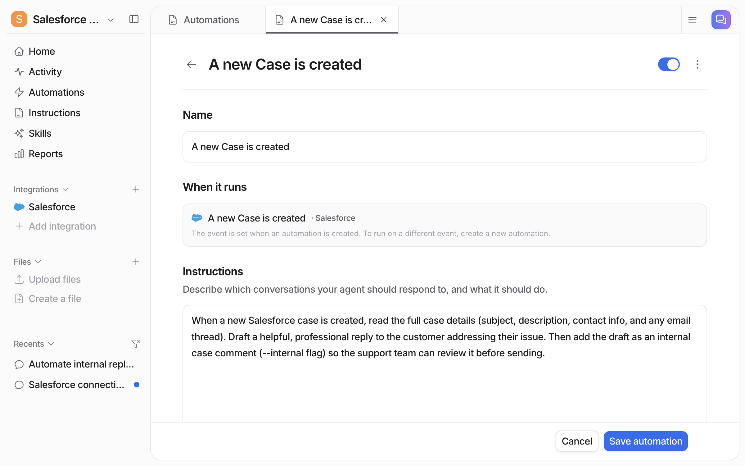 The automation editor showing the name A new Case is created, the Salesforce event it runs on, and the instructions telling the agent to draft a reply and add it as an internal case comment
