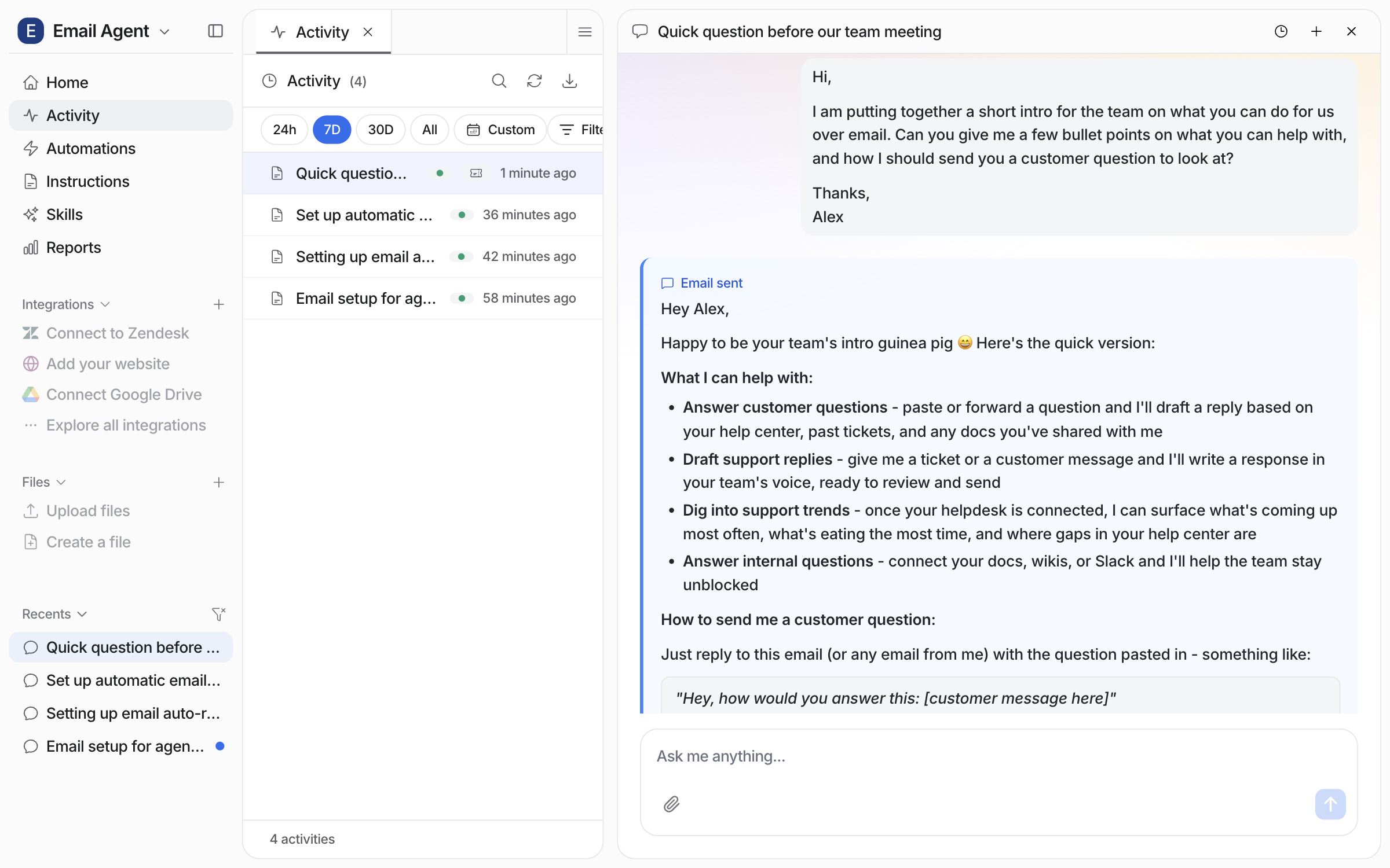 The email run opened in Activity, showing the incoming question, the Email sent marker and the full reply
