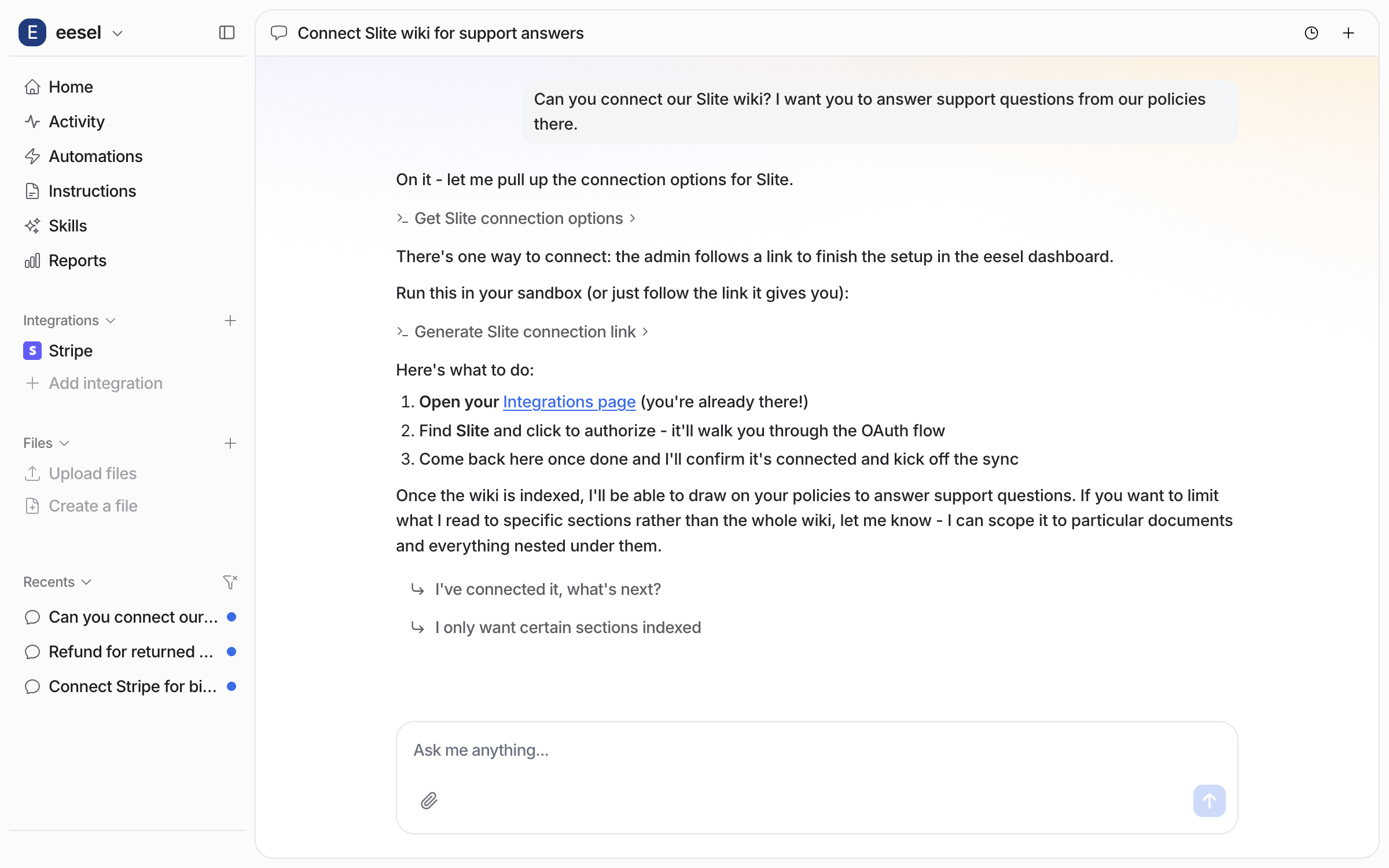 The dashboard chat where the user asks to connect the Slite wiki and the agent replies with a link to the Integrations page and an offer to scope the import to particular documents