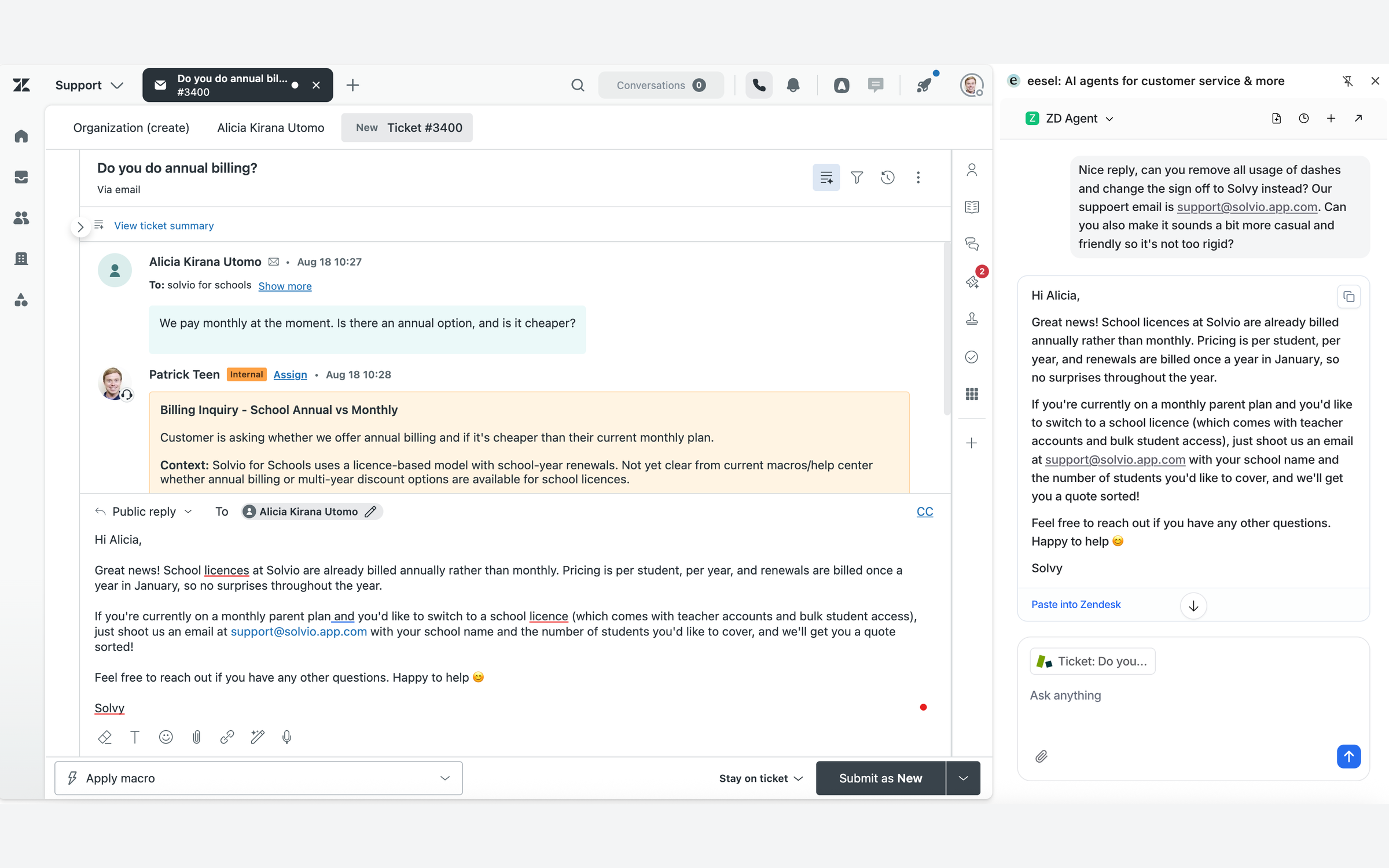A Zendesk ticket with the eesel side panel open, showing the reply it drafted and a Paste into Zendesk link