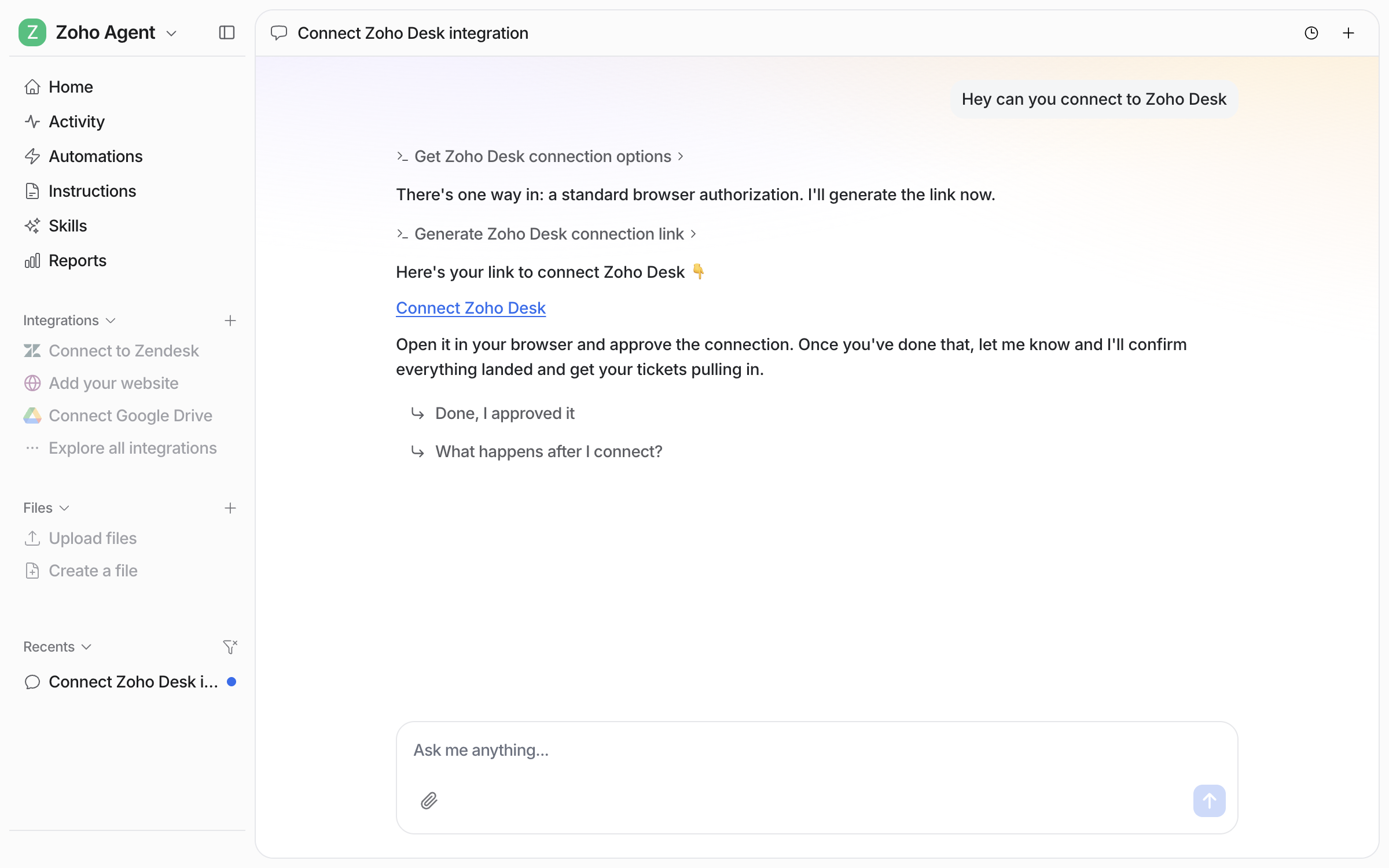 The dashboard chat where the user asks the agent to connect Zoho Desk, and the agent explains there is one browser authorization and posts the connect link