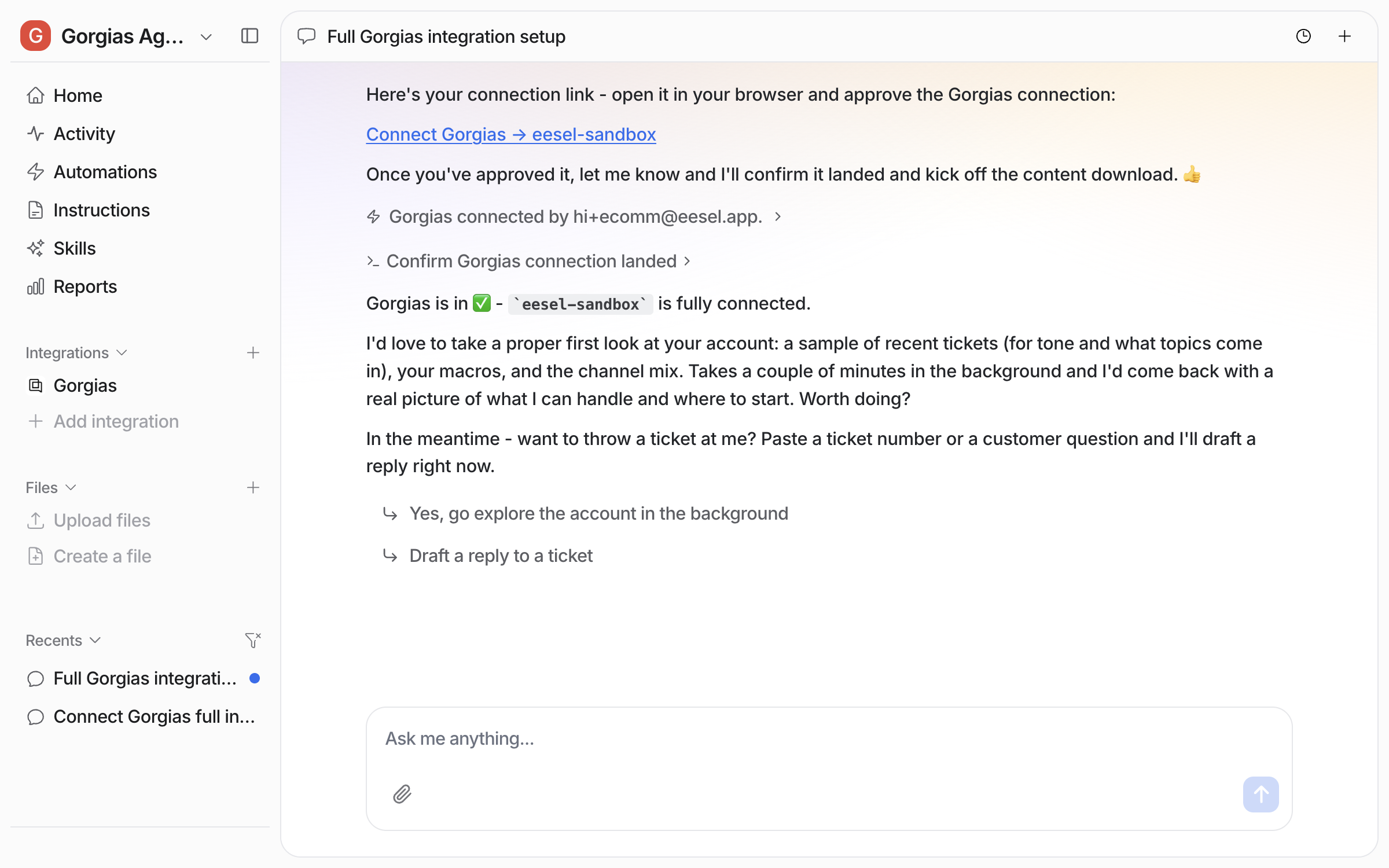 The dashboard chat showing Gorgias is in, with the agent offering to take a first look at recent tickets