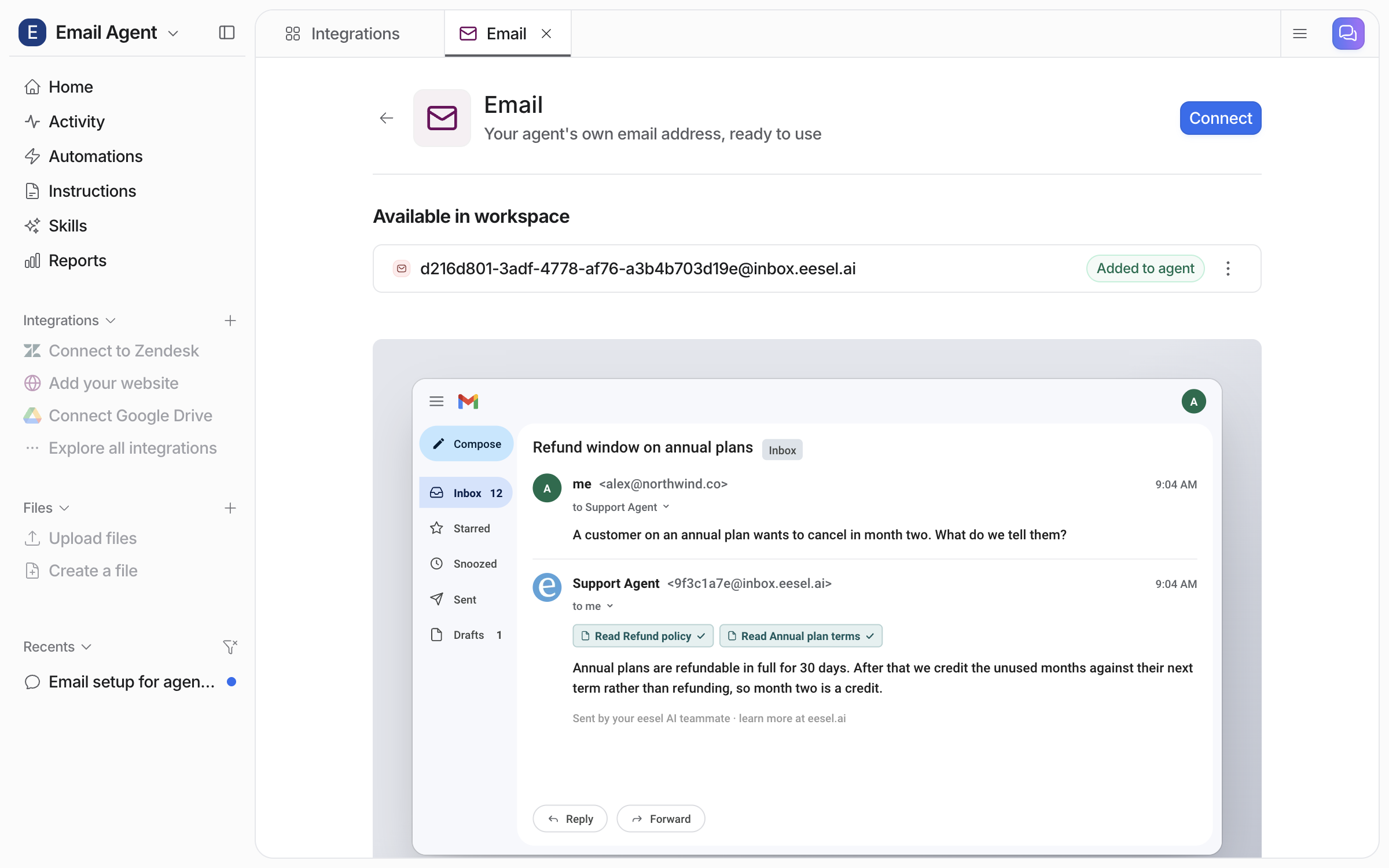 The Email integration page with the agent's inbox address marked Added to agent and an animated example of a reply