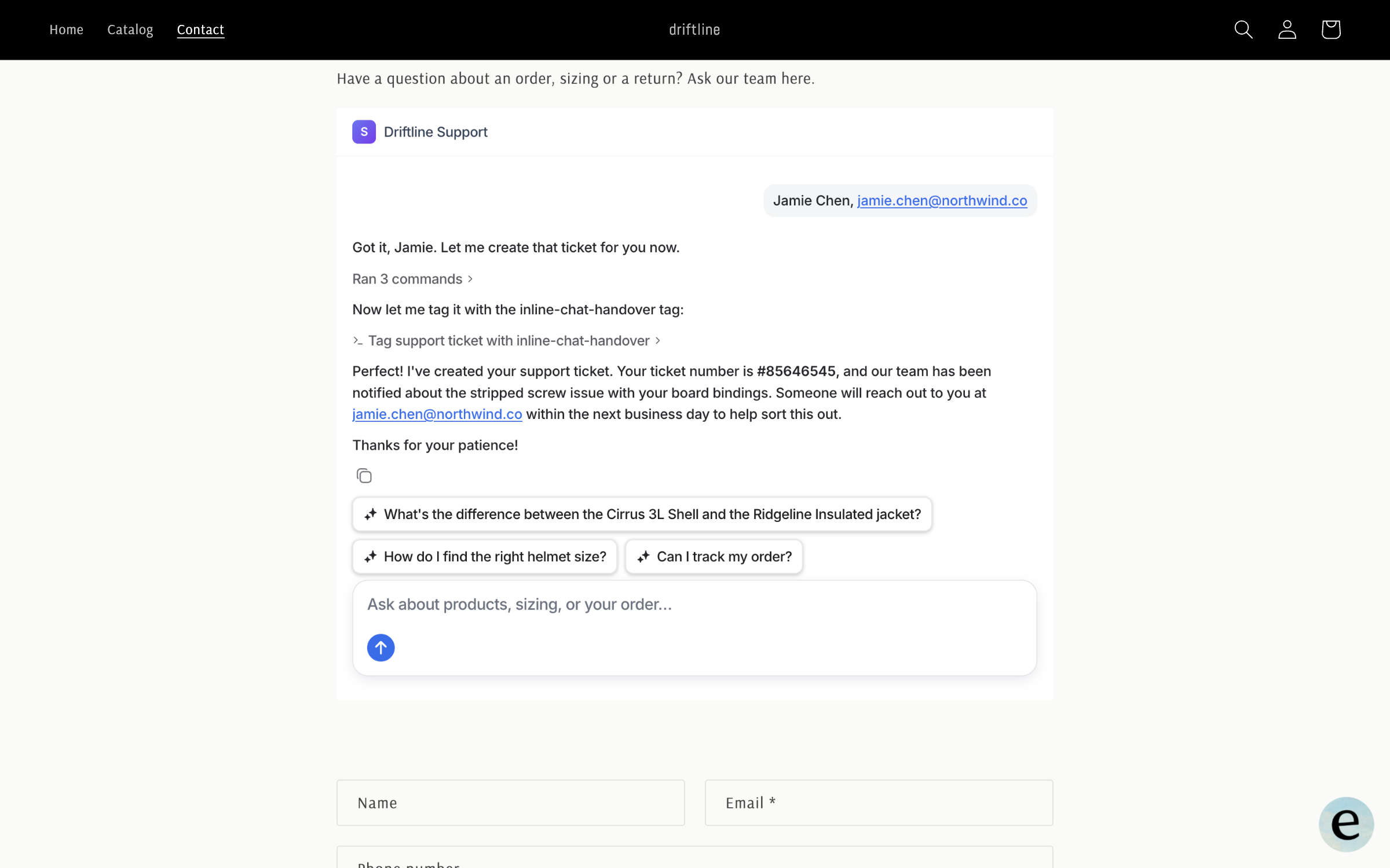 The embedded chat where the visitor gives a name and email, and the agent confirms ticket #85646545 was created and tagged