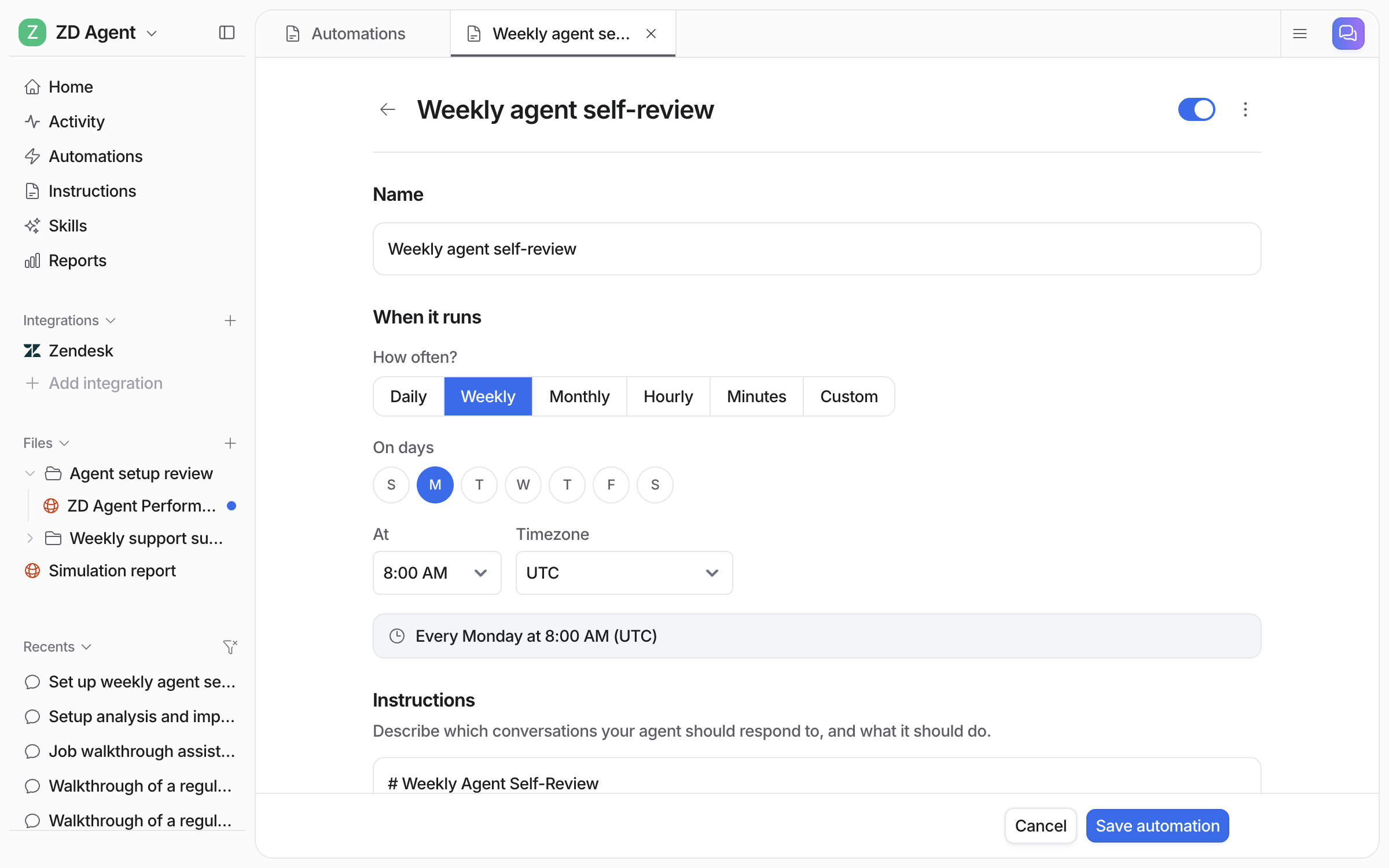 The schedule editor for the weekly agent self-review, set to every Monday at 8:00 AM UTC, with the instructions below