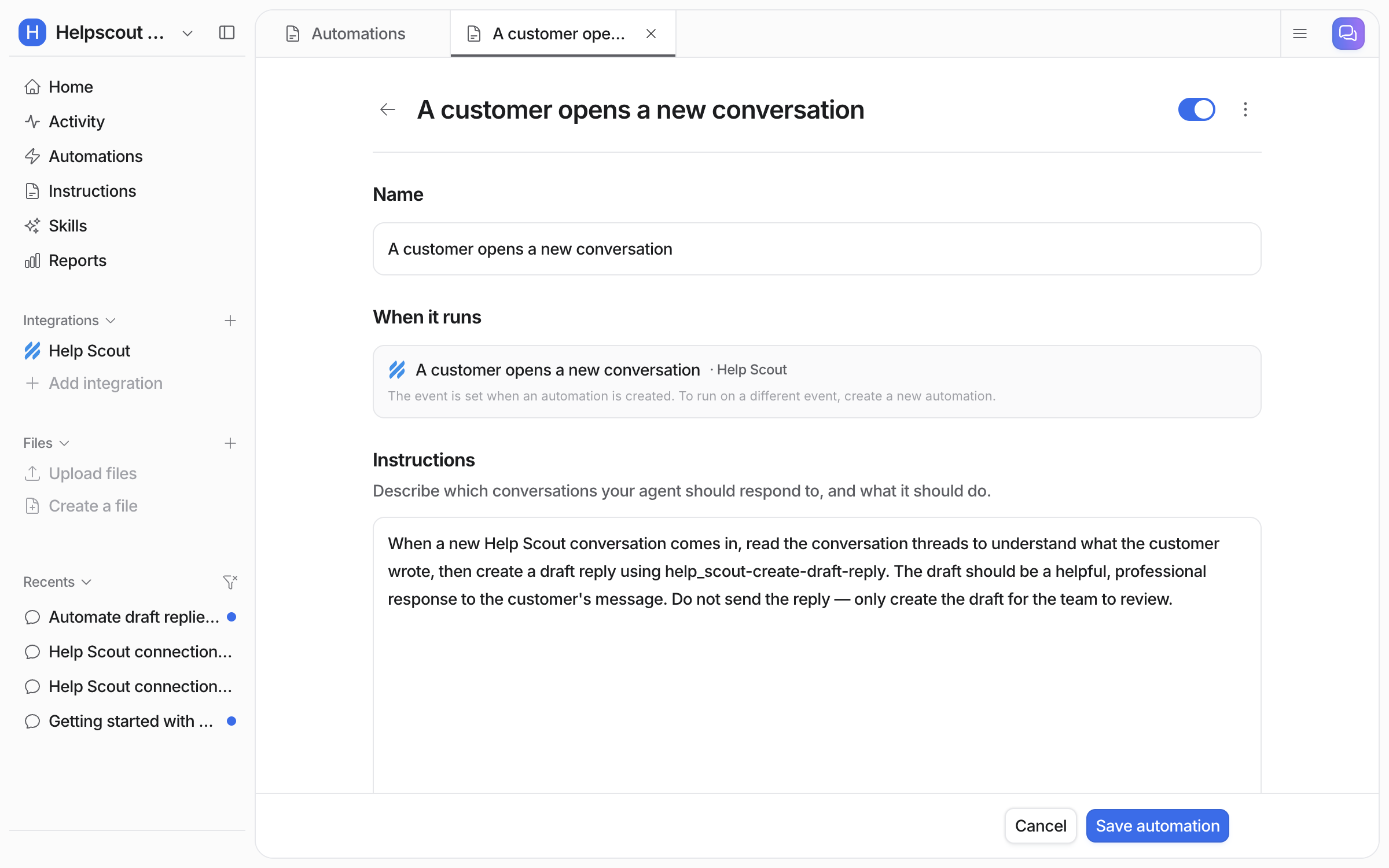 The automation editor showing the name A customer opens a new conversation, the Help Scout event it runs on, and instructions telling the agent to draft a reply and not send it
