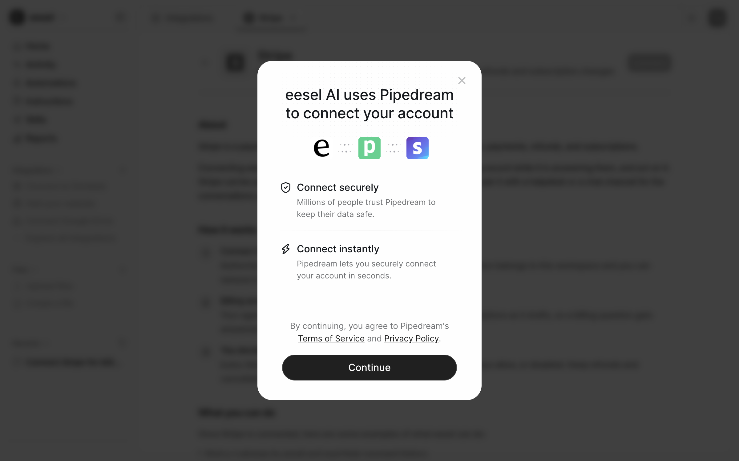 The Pipedream notice saying eesel AI uses Pipedream to connect your account, with a Continue button