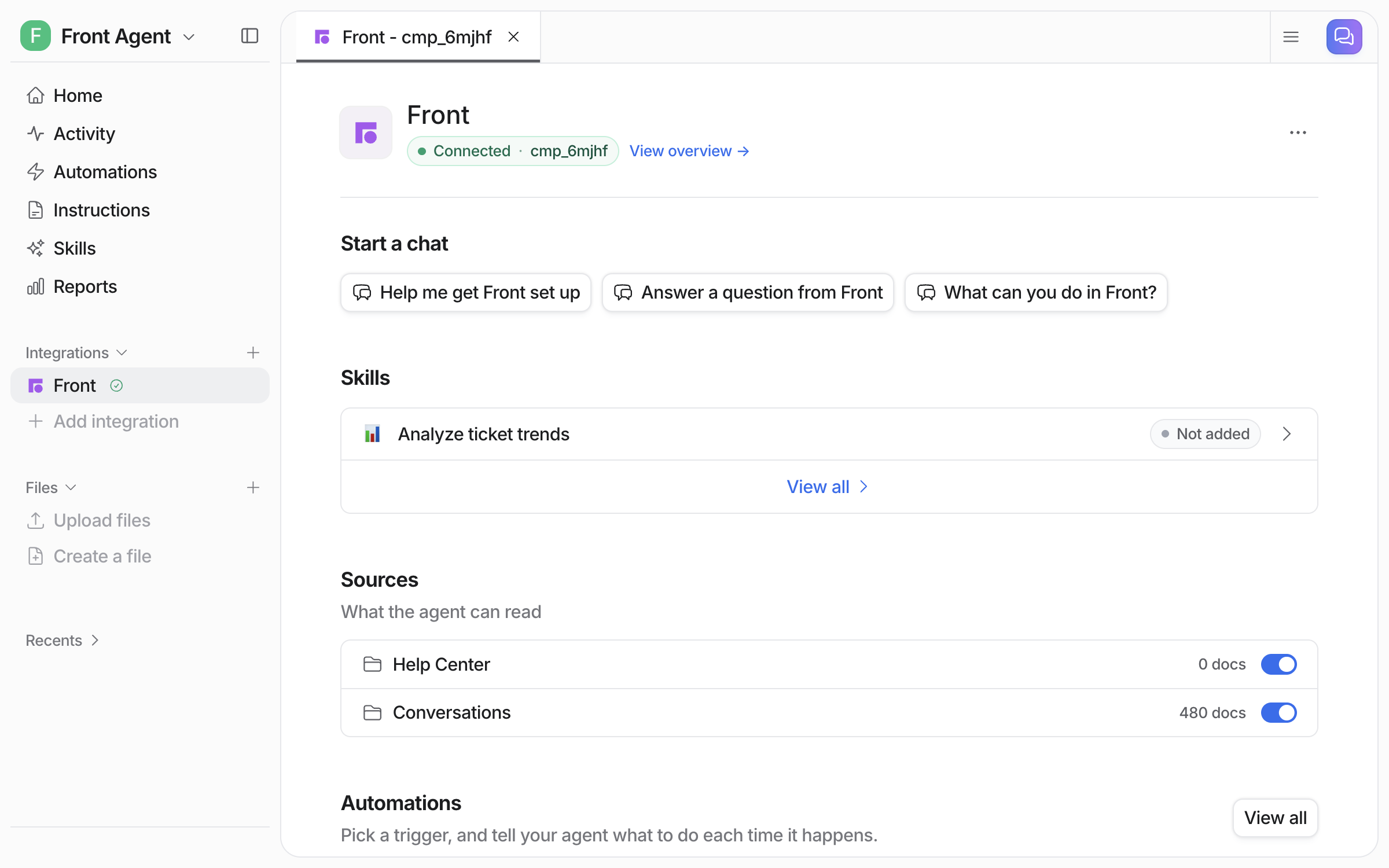 Front integration page showing the Help Center and Conversations sources with toggles
