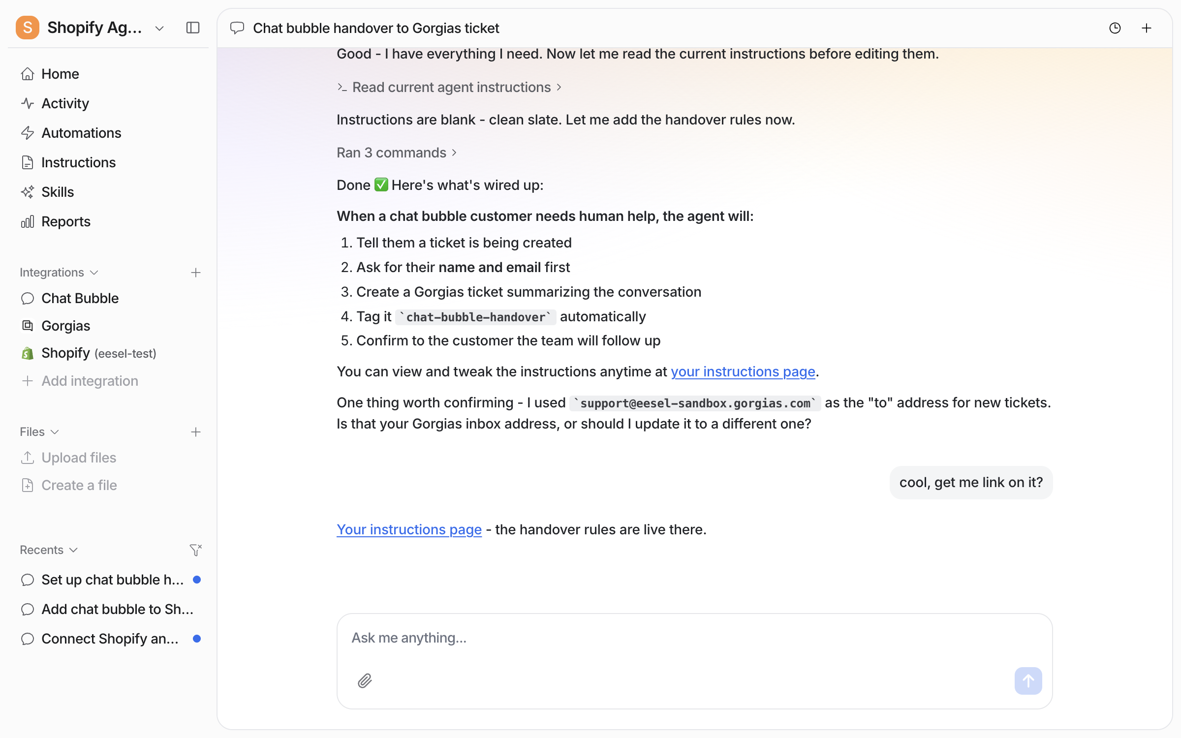 The same dashboard chat scrolled down, where the agent links the instructions page and asks the user to confirm the inbox address it used for new tickets, then answers a follow-up with the link again