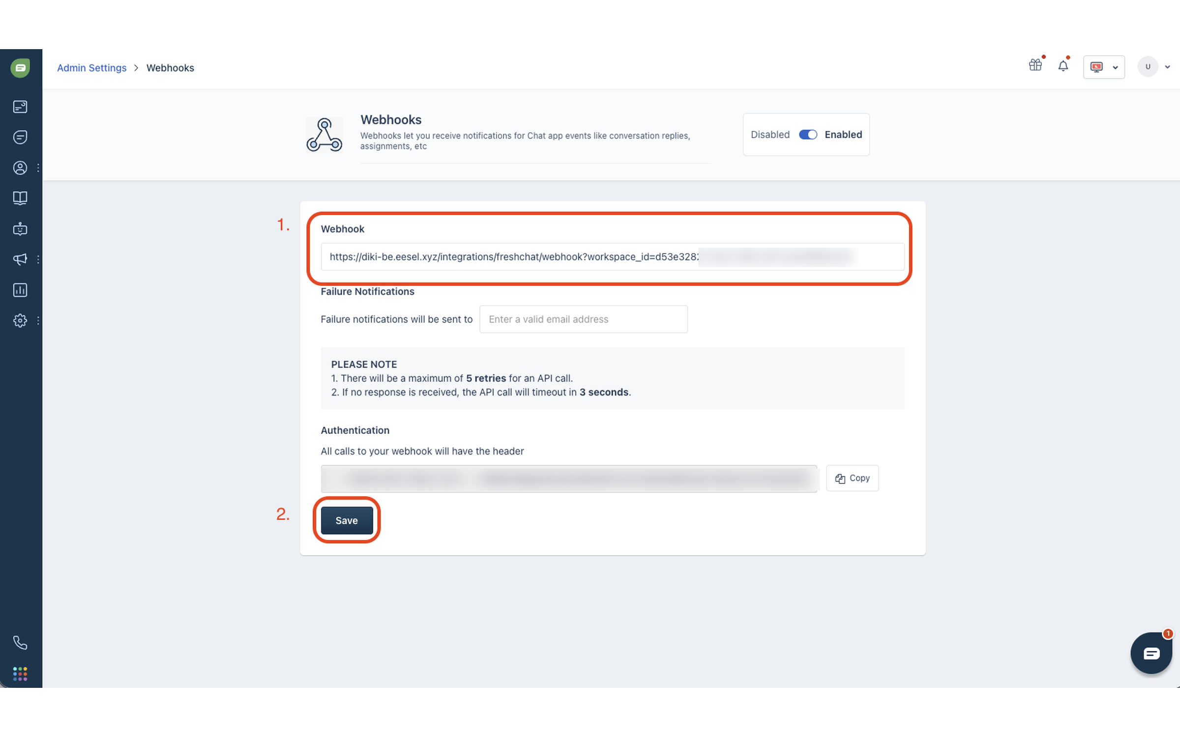 The Freshchat Webhooks page with the eesel webhook URL pasted into the Webhook field and the Save button highlighted
