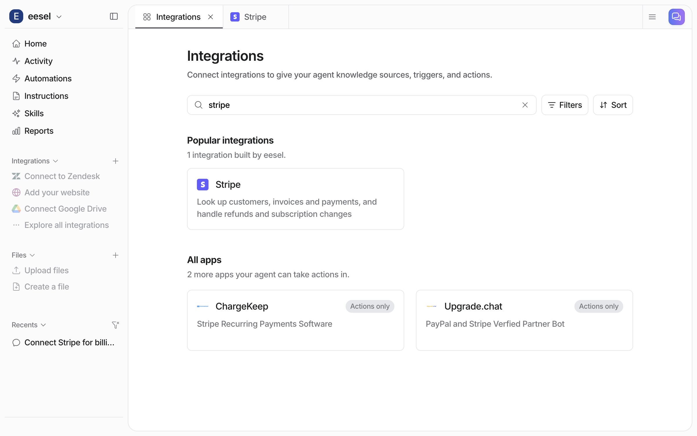 The Integrations gallery filtered to Stripe, showing the Stripe tile