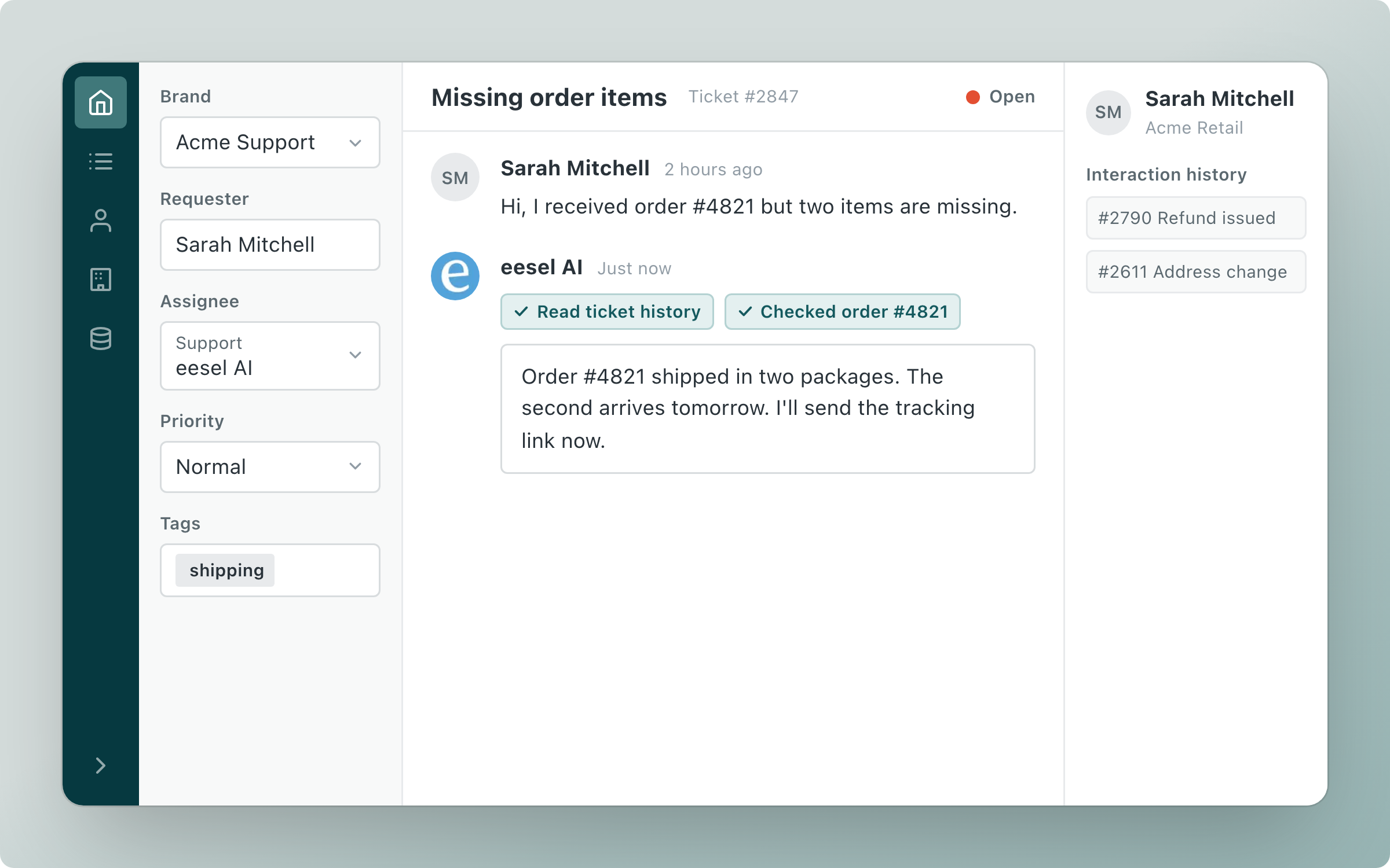 A Zendesk ticket about missing order items, assigned to eesel AI, with the public reply it drafted after reading the ticket history and checking the order