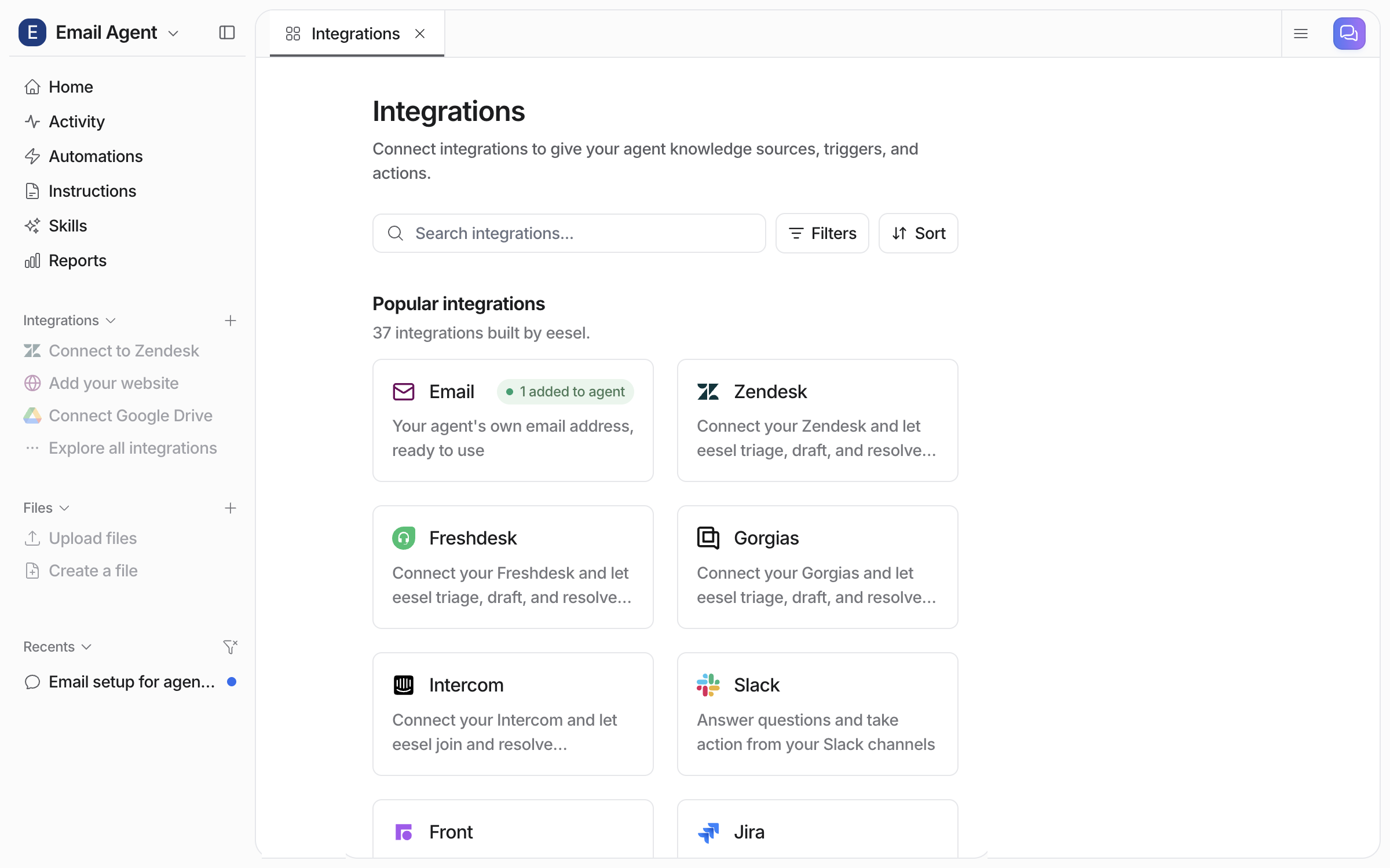 The Integrations page with the Email tile first, marked 1 added to agent, above the helpdesk and knowledge tiles