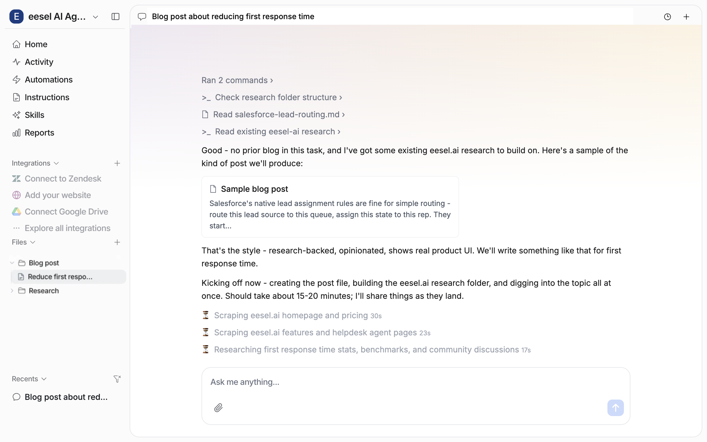 The chat where the agent shows a sample of the kind of post it will produce, confirms the style, and kicks off its research