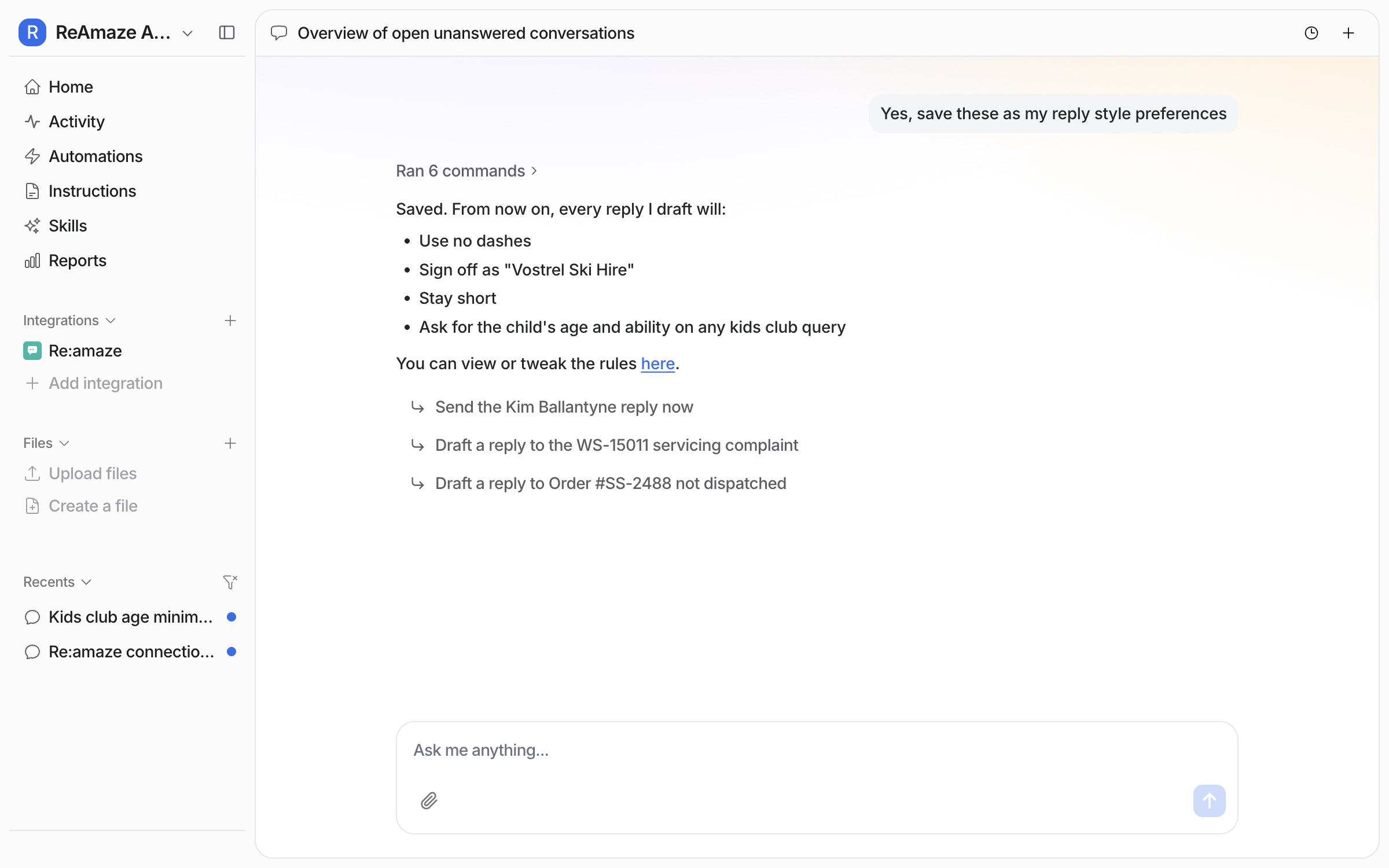 A dashboard chat where the user asks to save the reply style, and the agent confirms the rules it saved and links to the instructions page