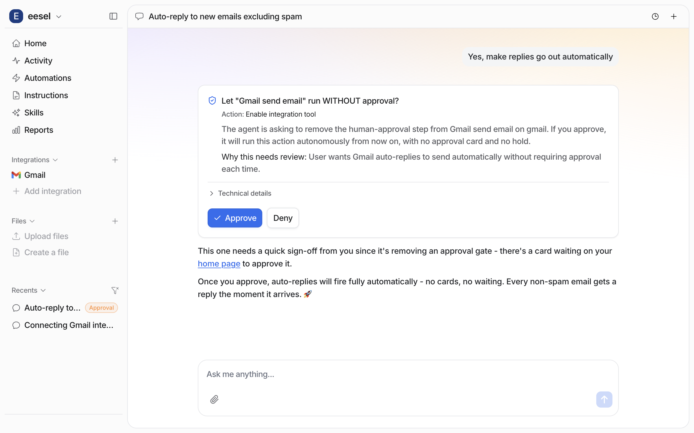 An approval card in the dashboard chat asking to let the Gmail send email action run without approval, with the reason given and Approve and Deny buttons