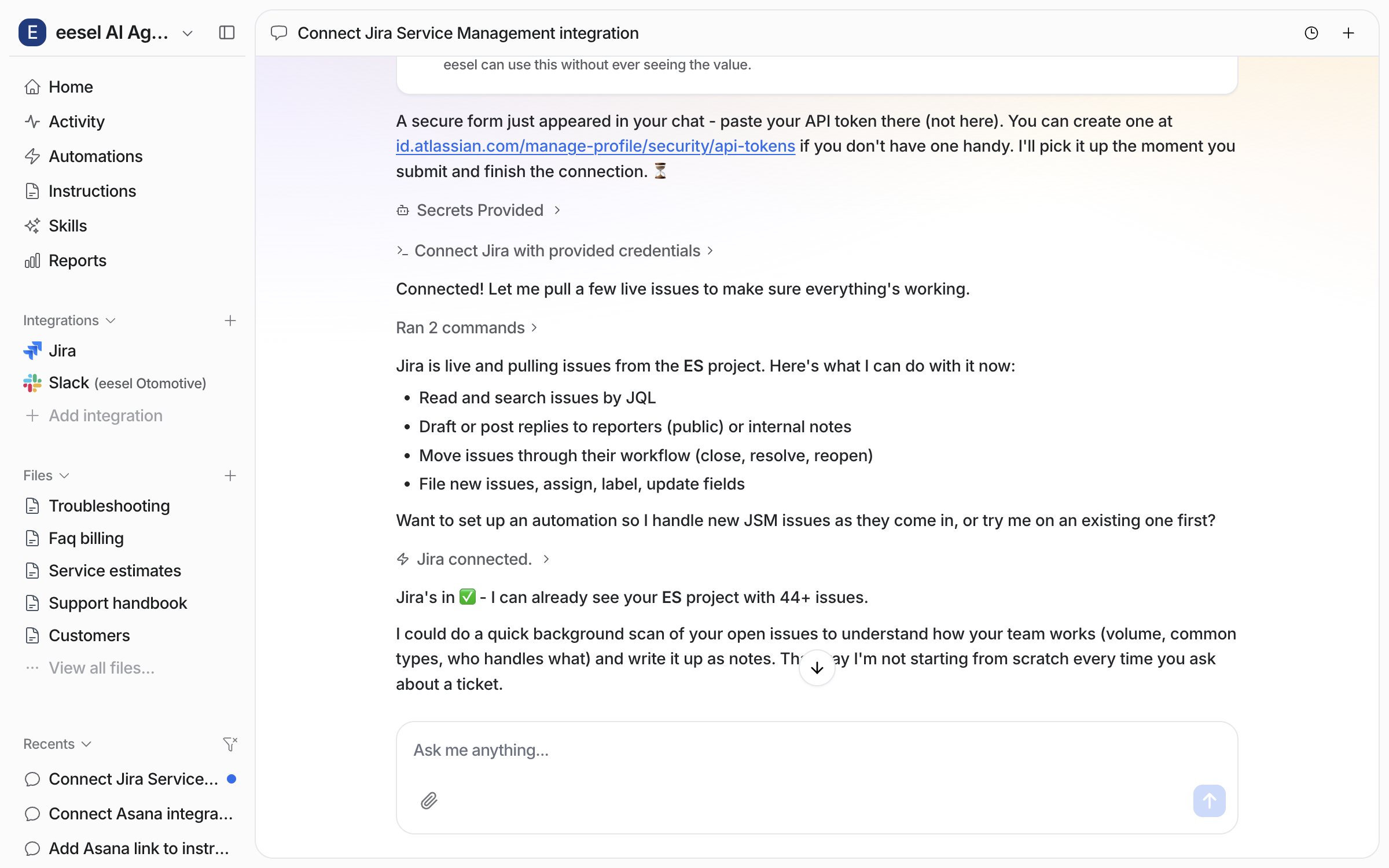 The dashboard chat confirming Jira is connected, naming the project it can see and listing what it can now do with issues